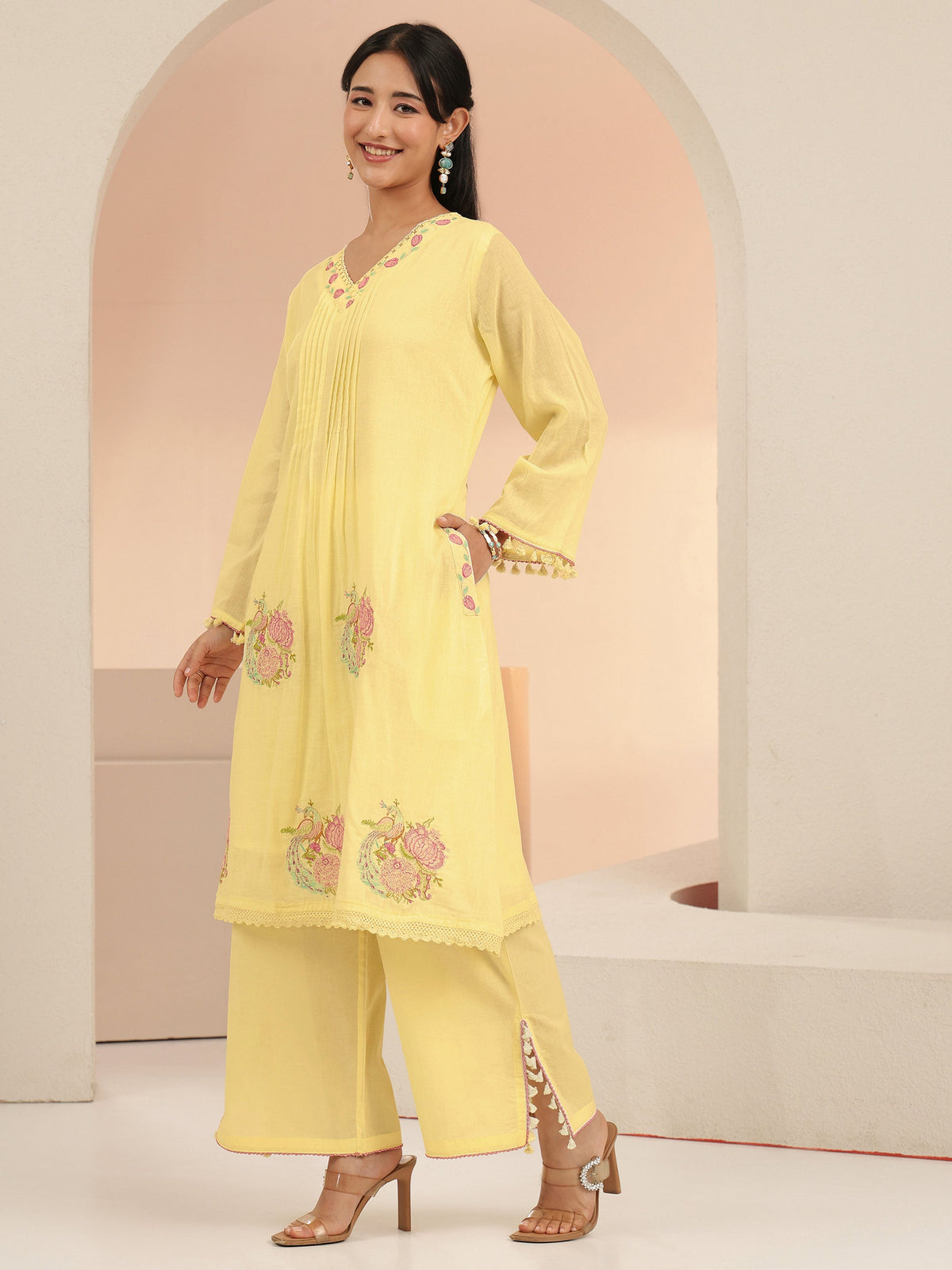 Anouk Off White Peacock Motif Cotton A-Line Kurta Set