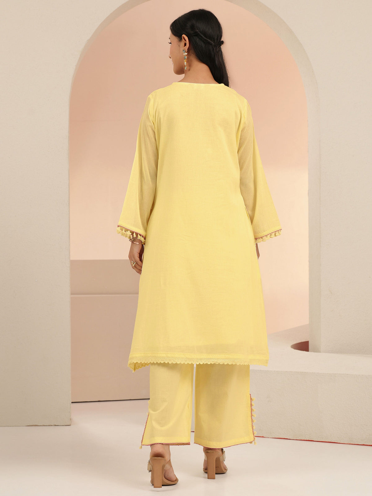 Anouk Off White Peacock Motif Cotton A-Line Kurta Set