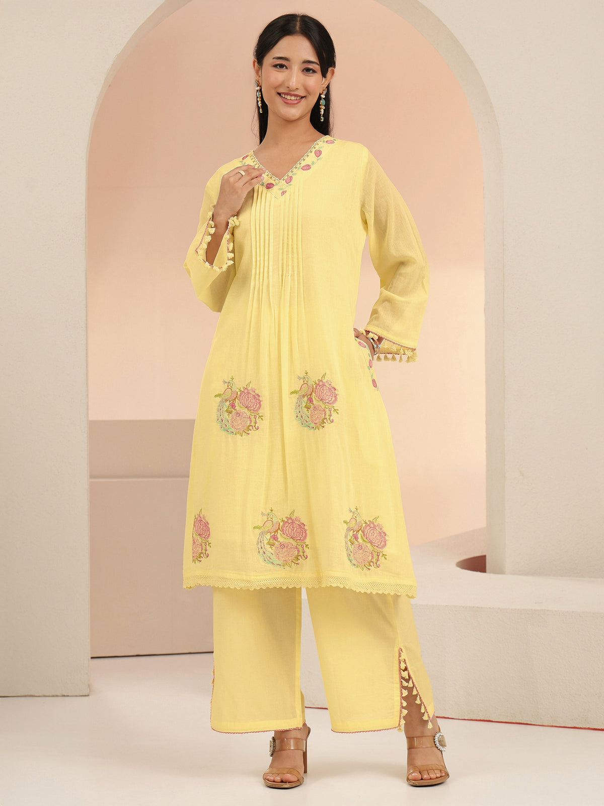 Anouk Off White Peacock Motif Cotton A-Line Kurta Set