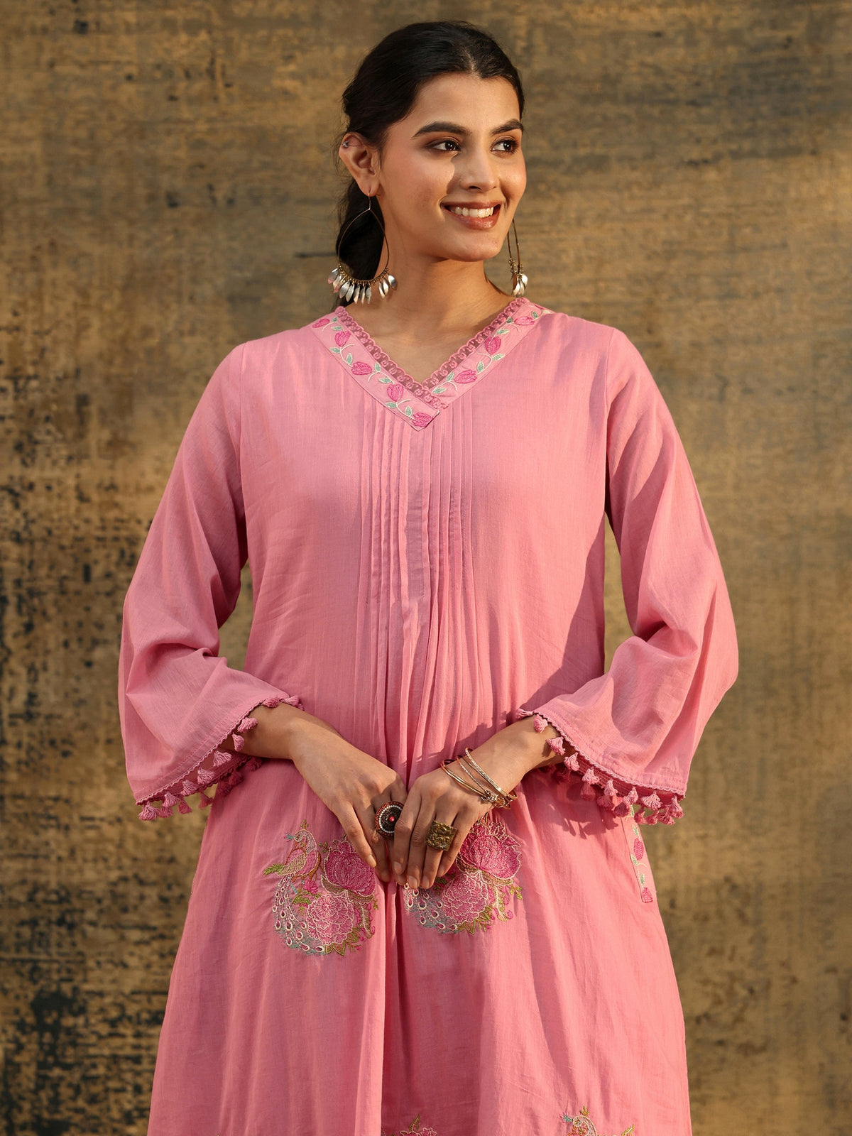Anouk Bubblegum Pink Floral Embroidered Cotton A line Kurta Set