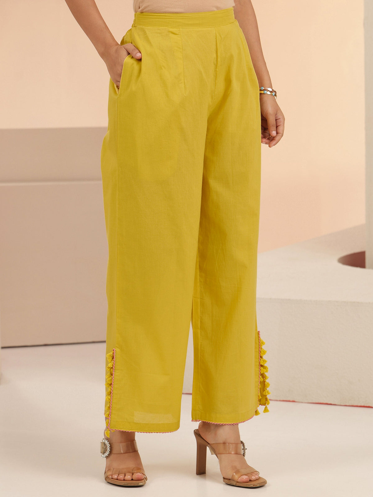 Anouk Yellow Peacock Motif Cotton A-Line Kurta Set