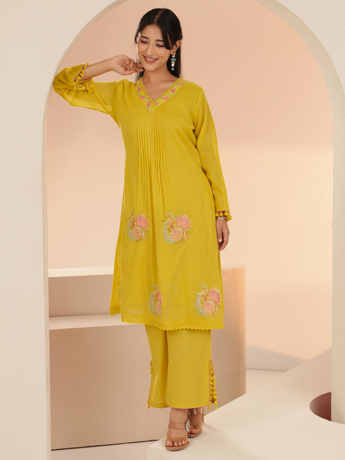 Anouk Yellow Peacock Motif Cotton A-Line Kurta Set