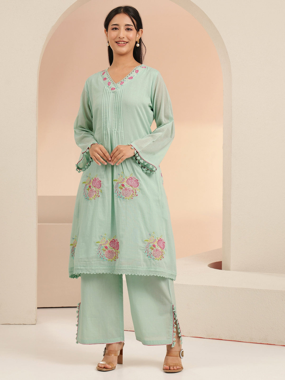 Anouk Mint Green Peacock Motif Cotton A-Line Kurta Set