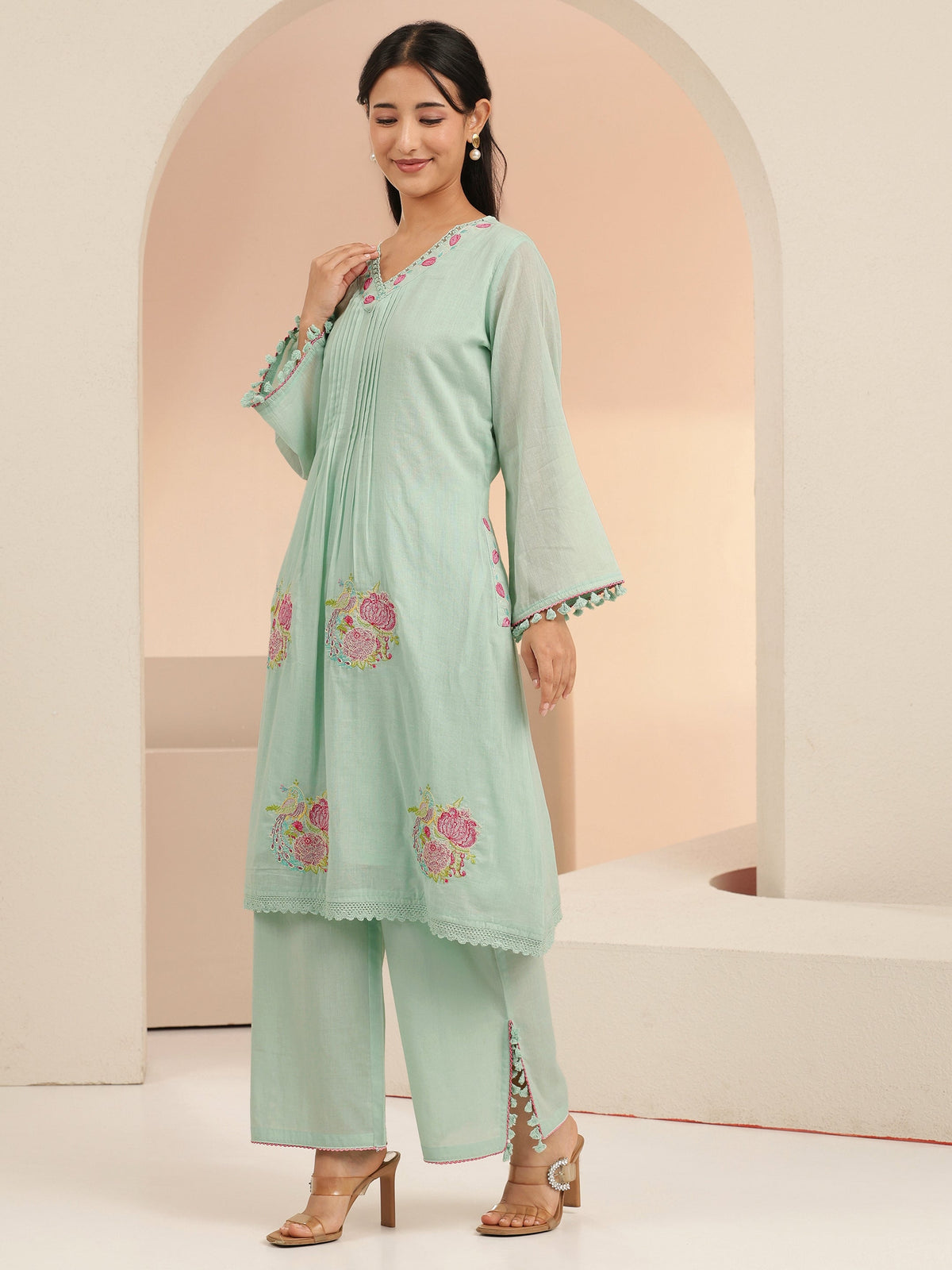 Anouk Mint Green Peacock Motif Cotton A-Line Kurta Set