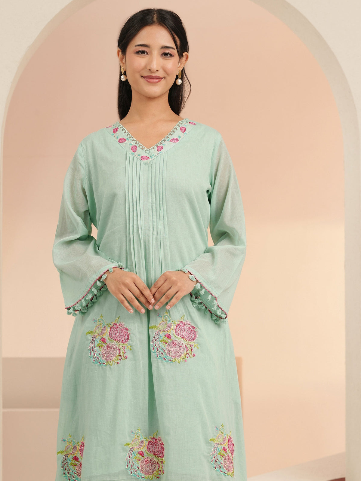 Anouk Mint Green Peacock Motif Cotton A-Line Kurta Set