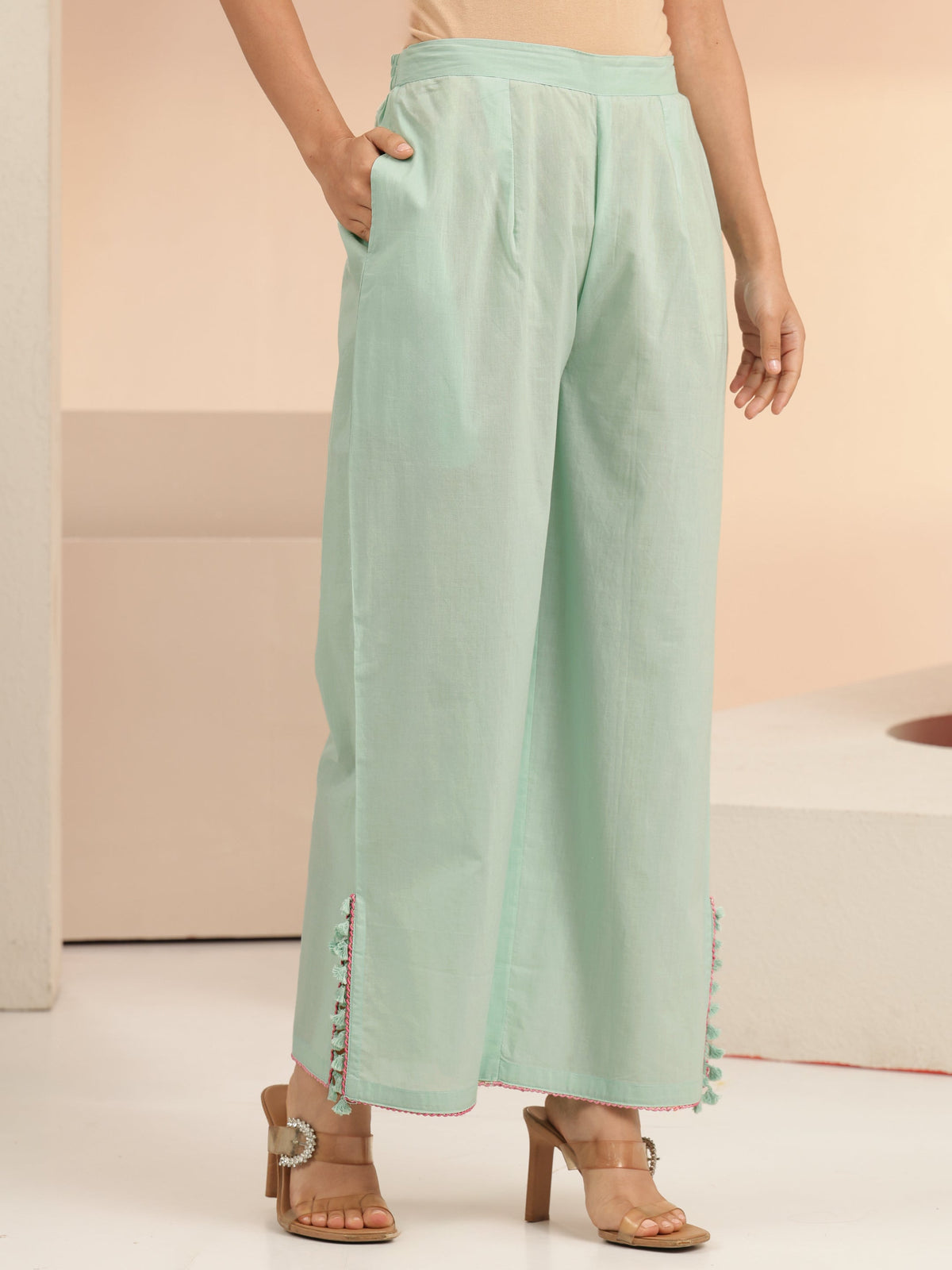 Anouk Mint Green Peacock Motif Cotton A-Line Kurta Set