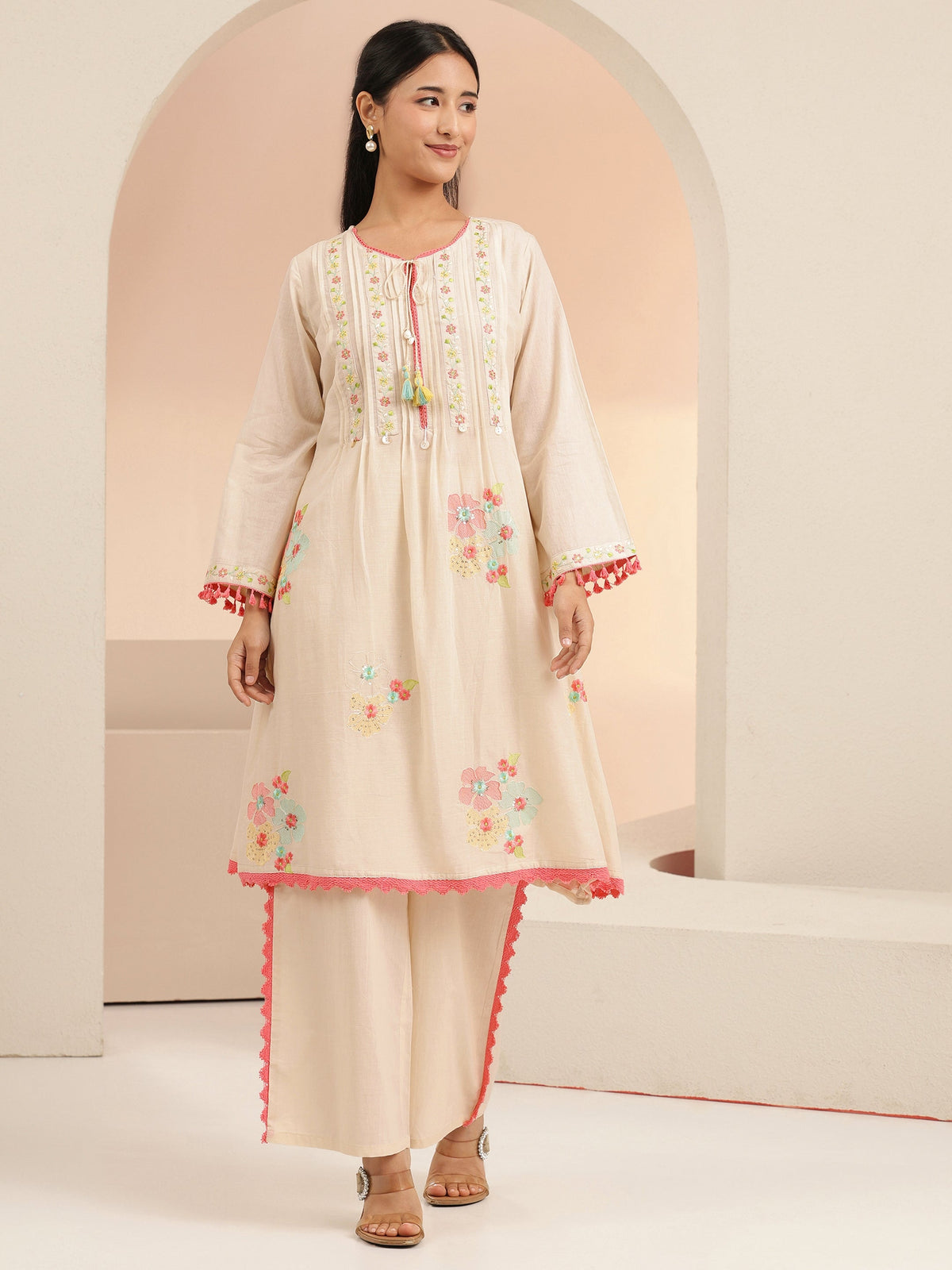 Anouk Off White Floral Embroidered Cotton A-Line Kurta Set