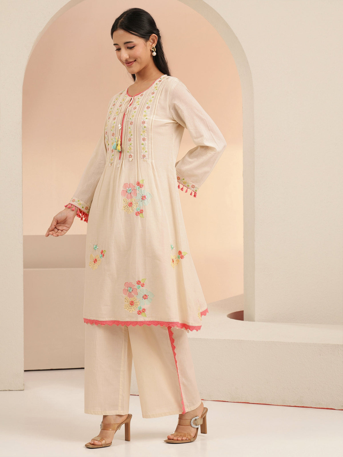 Anouk Off White Floral Embroidered Cotton A-Line Kurta Set