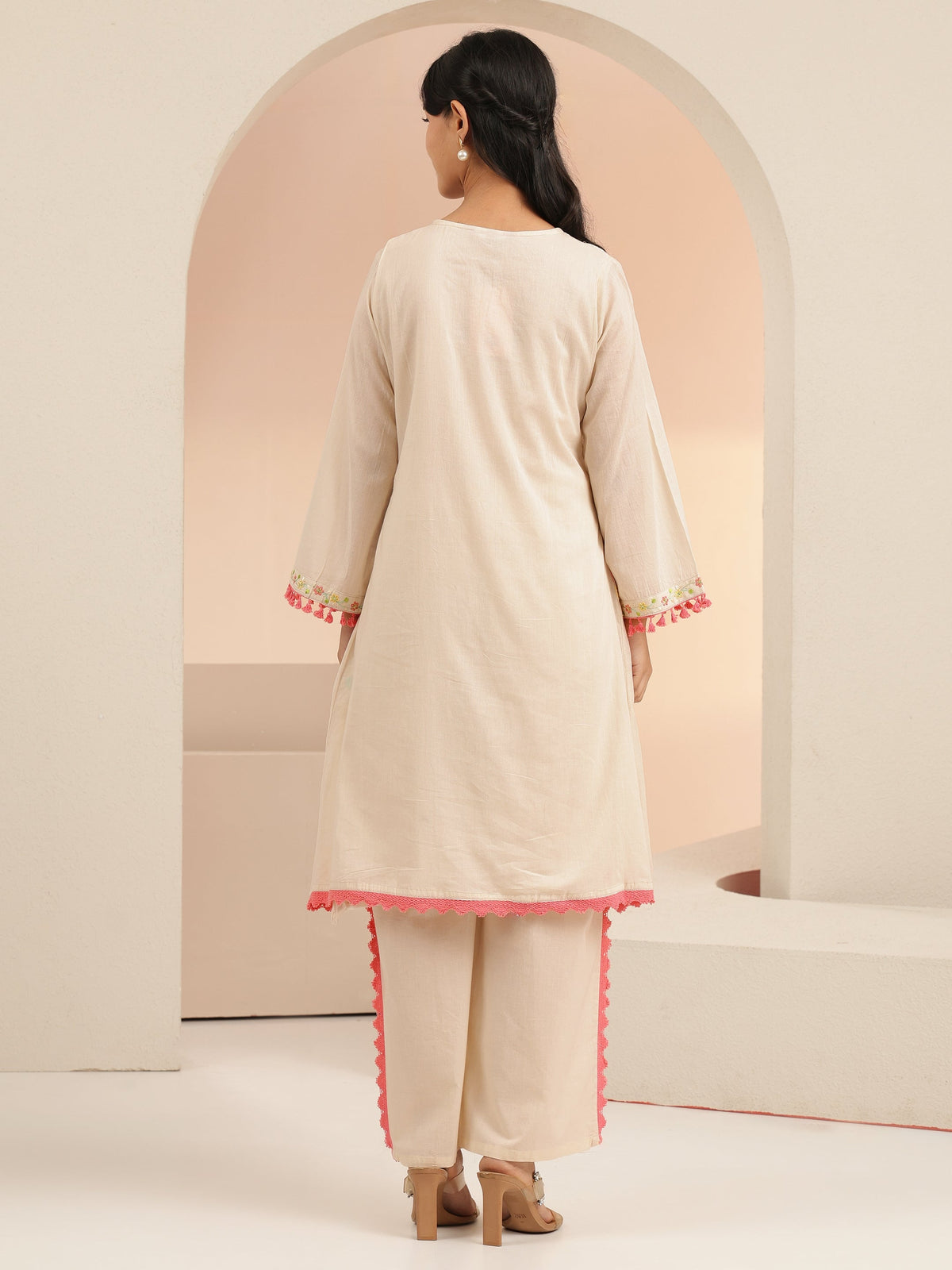 Anouk Off White Floral Embroidered Cotton A-Line Kurta Set