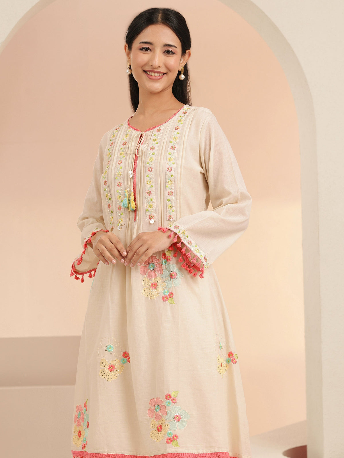Anouk Off White Floral Embroidered Cotton A-Line Kurta Set