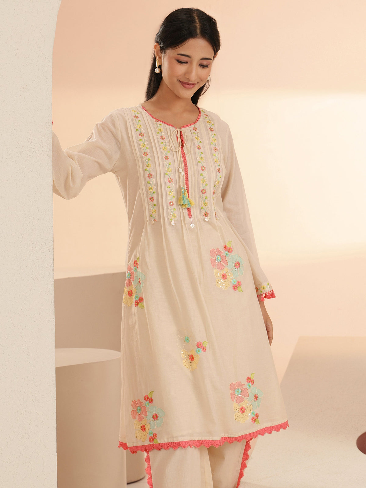 Anouk Off White Floral Embroidered Cotton A-Line Kurta Set