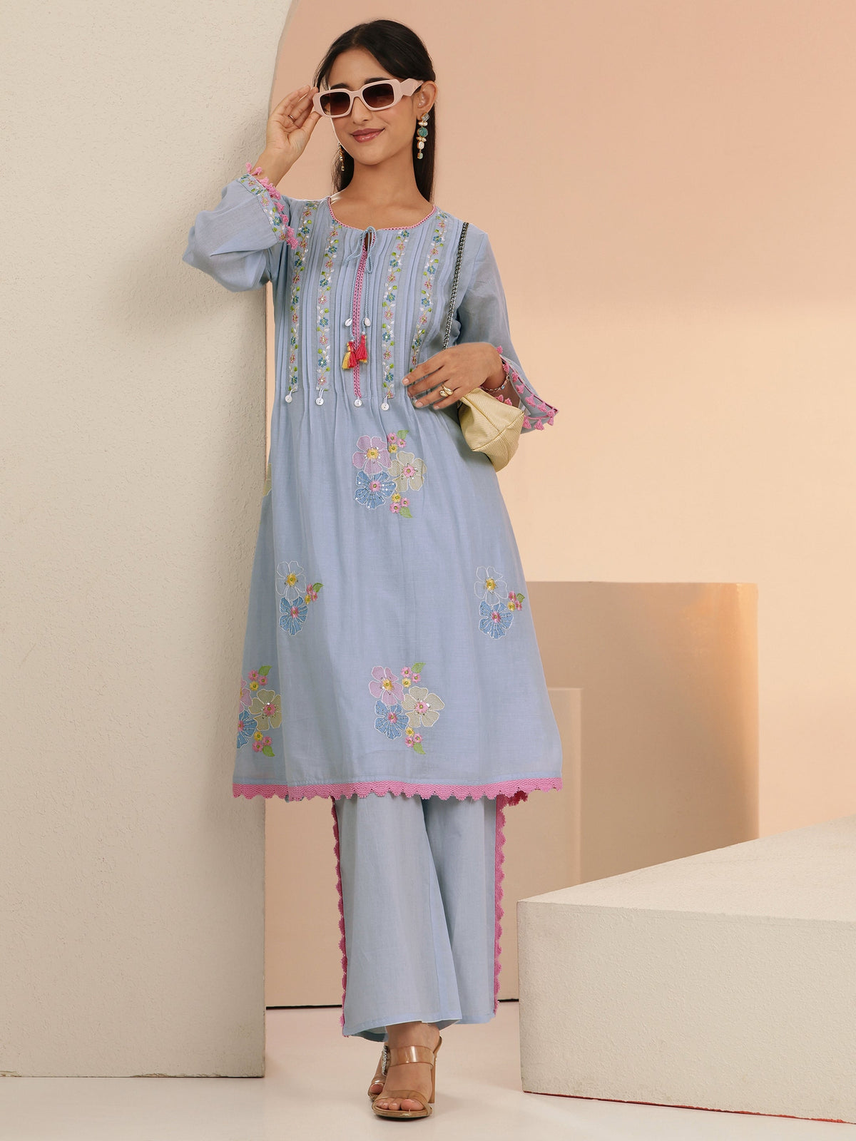 Anouk Periwinkle Blue Floral Embroidered Cotton A-Line Kurta Set