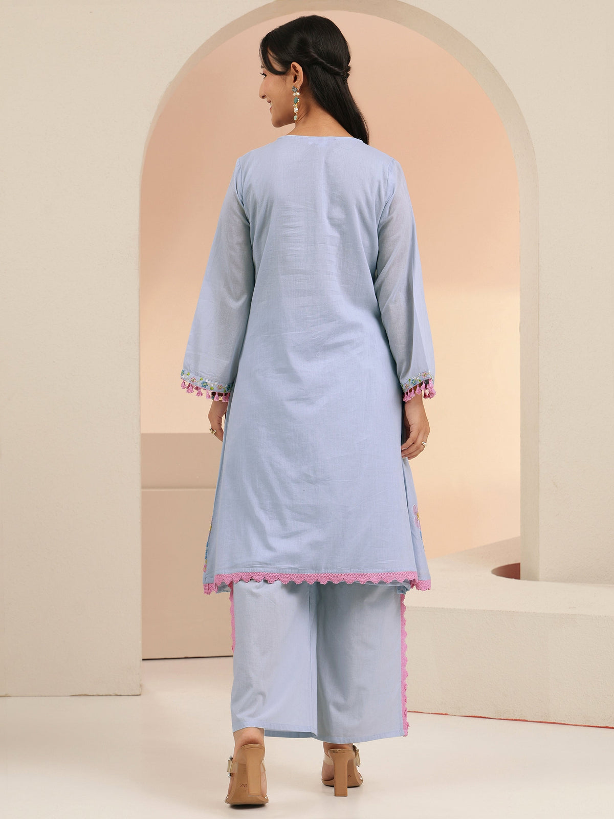 Anouk Periwinkle Blue Floral Embroidered Cotton A-Line Kurta Set