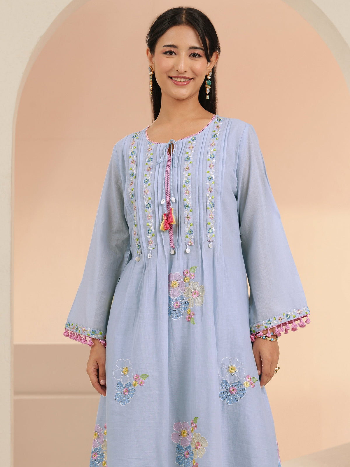 Anouk Periwinkle Blue Floral Embroidered Cotton A-Line Kurta Set