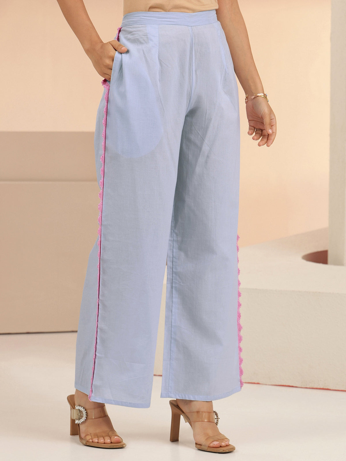Anouk Periwinkle Blue Floral Embroidered Cotton A-Line Kurta Set