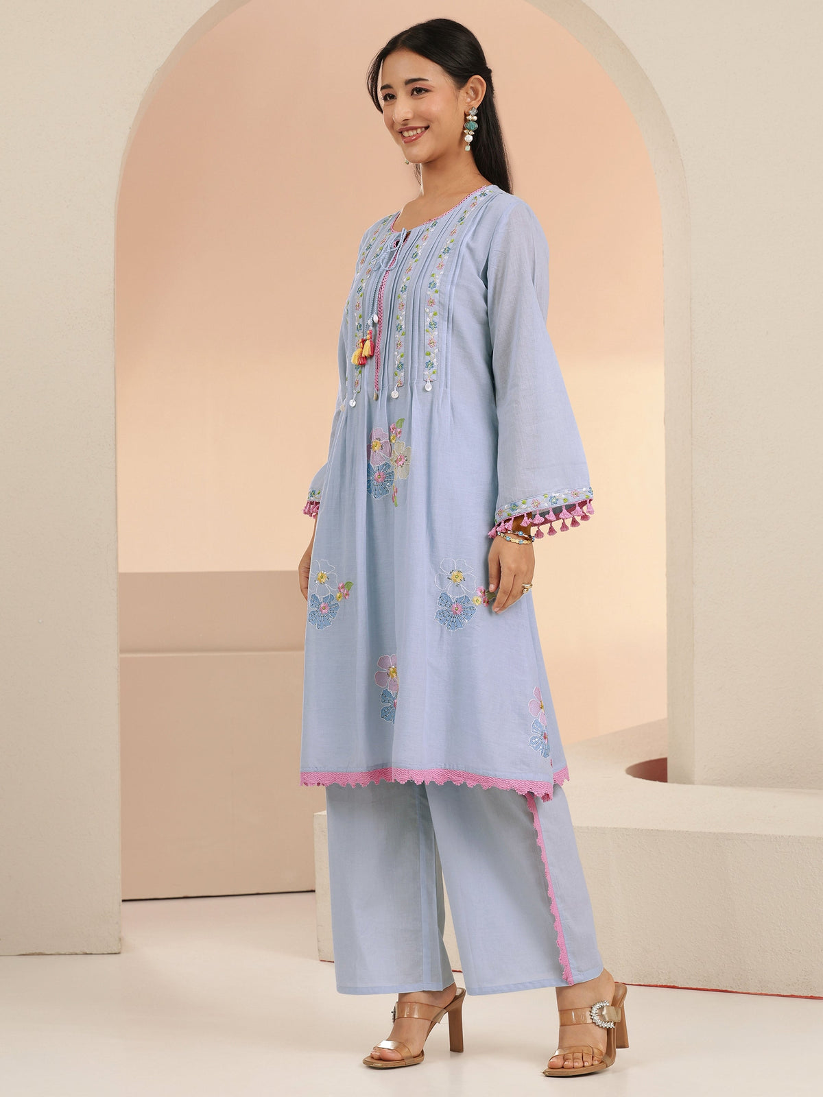 Anouk Periwinkle Blue Floral Embroidered Cotton A-Line Kurta Set