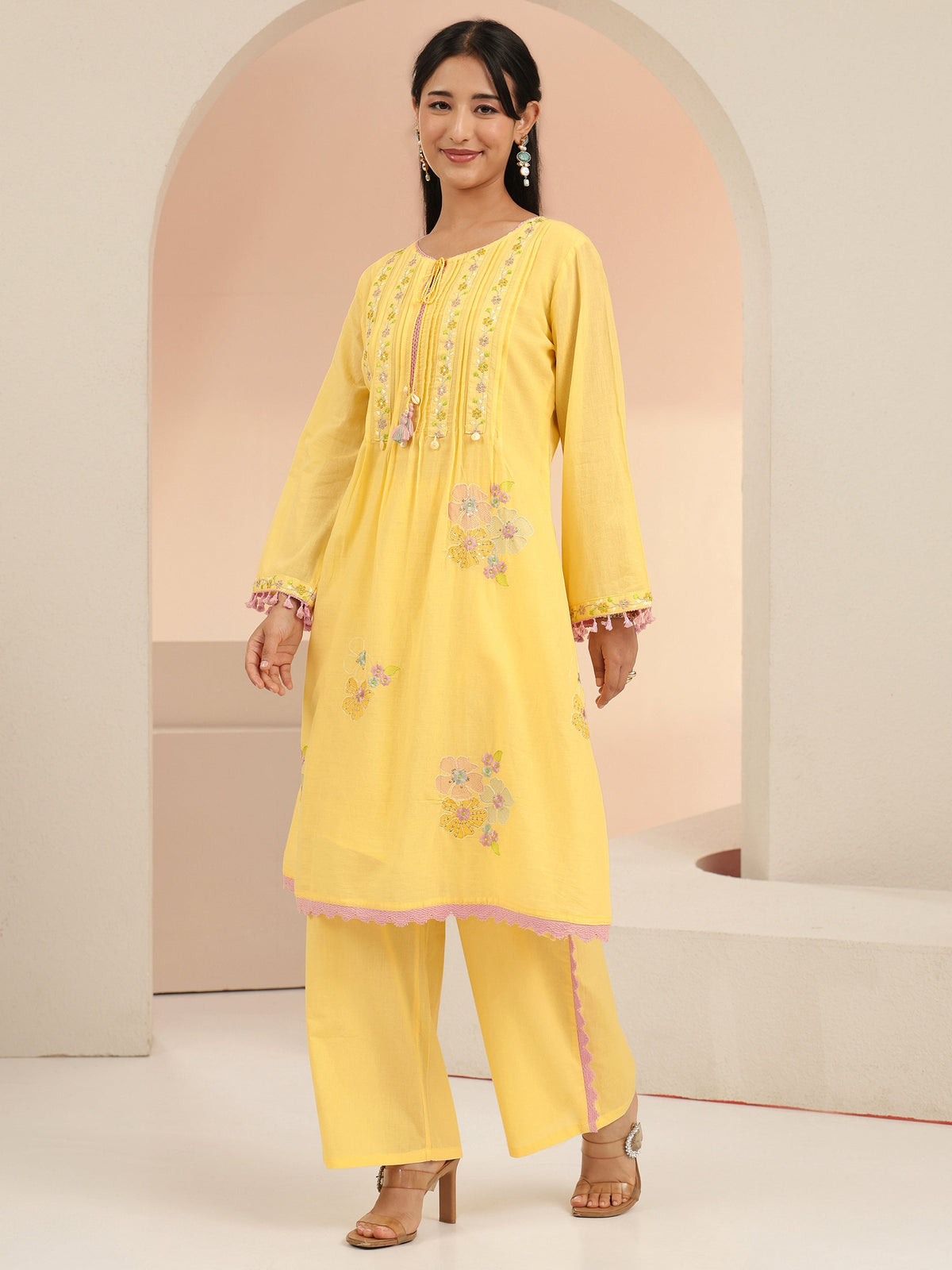 Anouk Daffodil Yellow Floral Embroidered Cotton A-Line Kurta Set