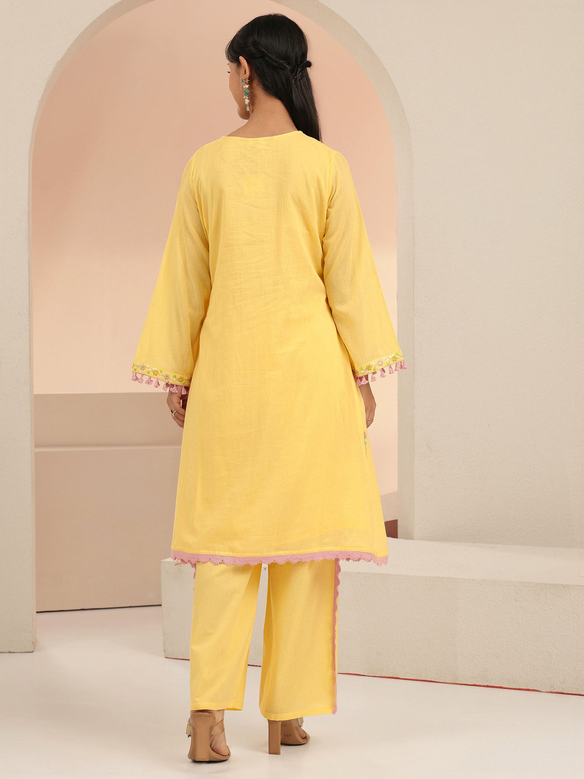 Anouk Daffodil Yellow Floral Embroidered Cotton A-Line Kurta Set