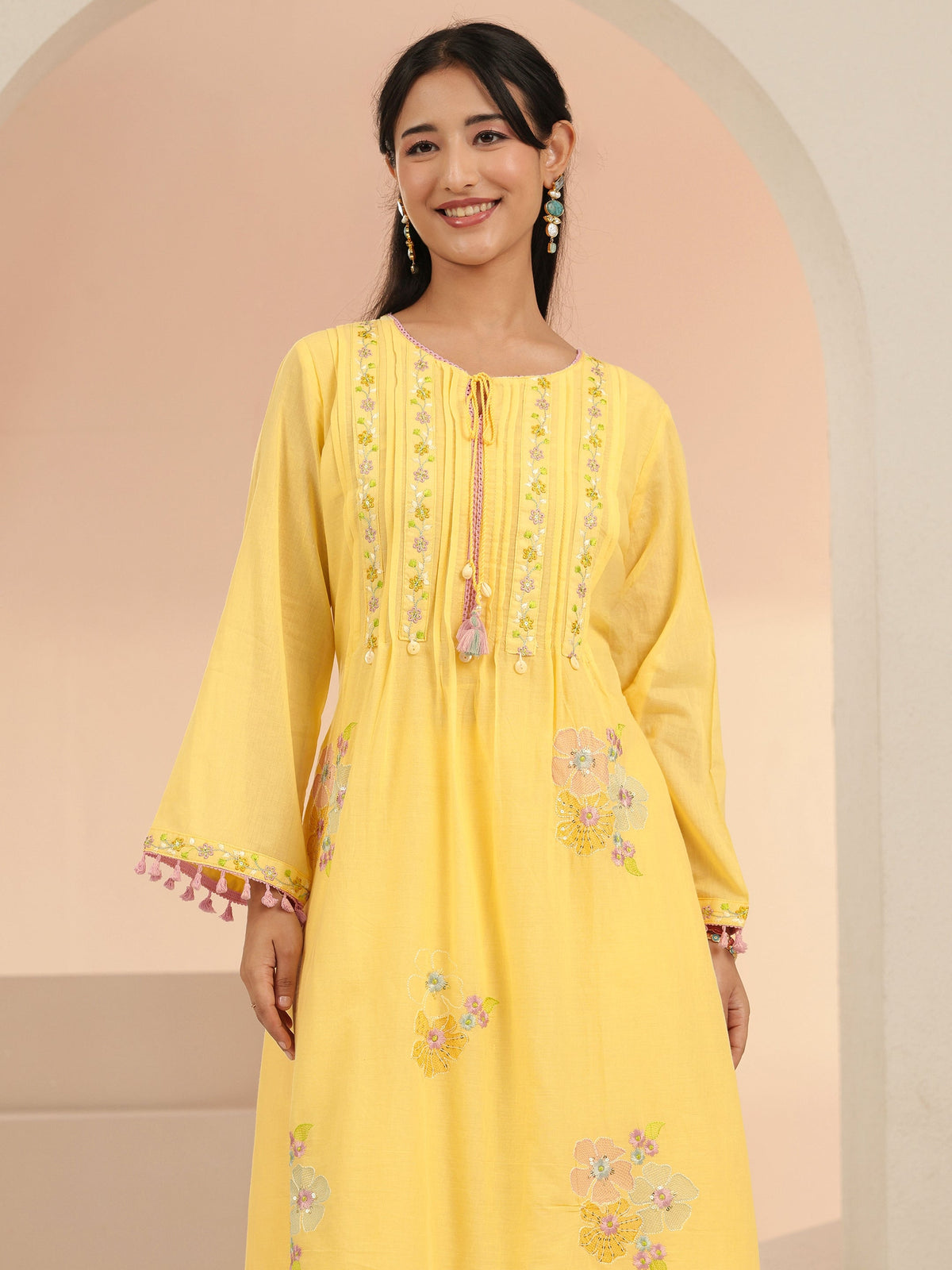 Anouk Daffodil Yellow Floral Embroidered Cotton A-Line Kurta Set