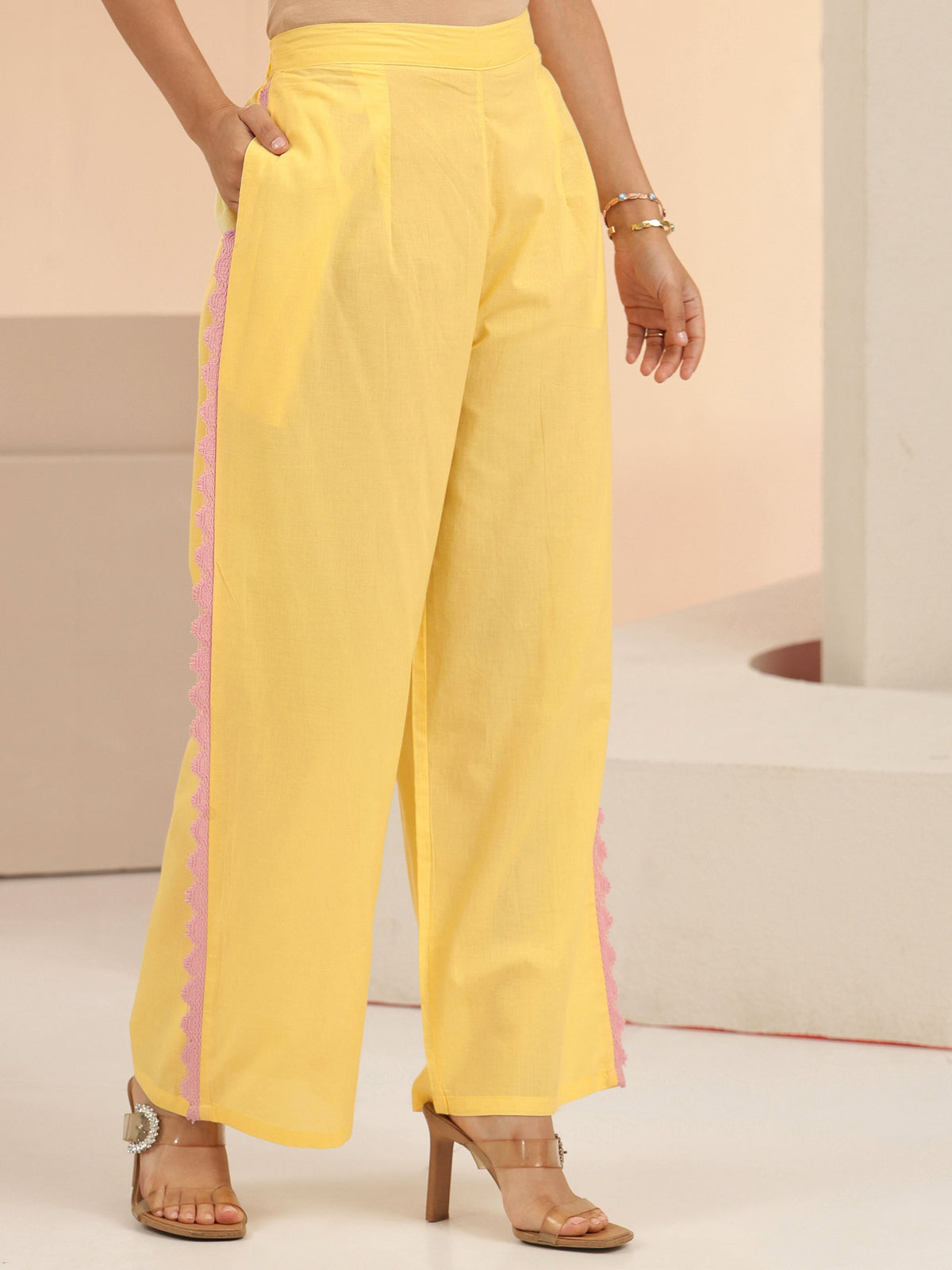 Anouk Daffodil Yellow Floral Embroidered Cotton A-Line Kurta Set