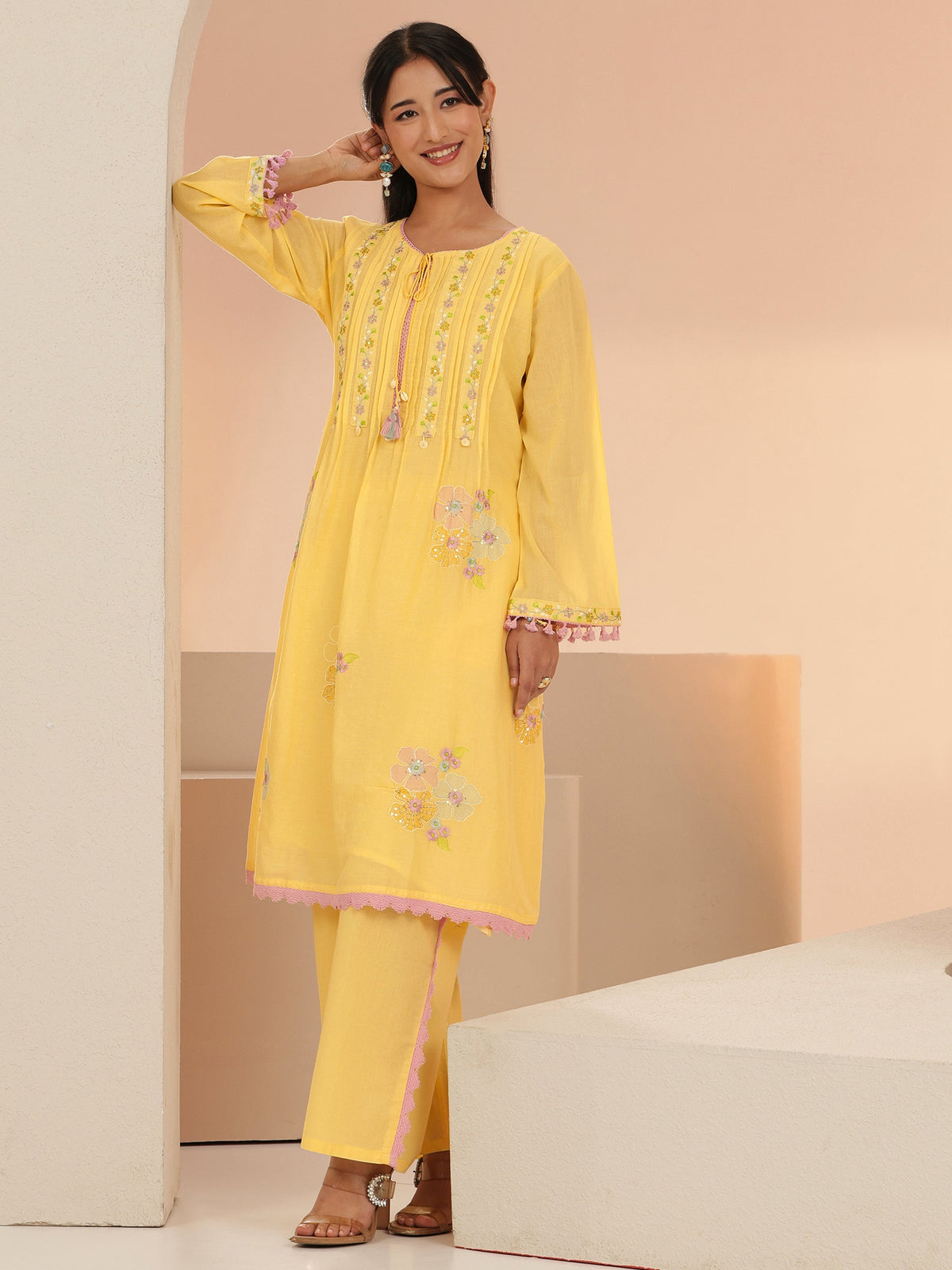 Anouk Daffodil Yellow Floral Embroidered Cotton A-Line Kurta Set