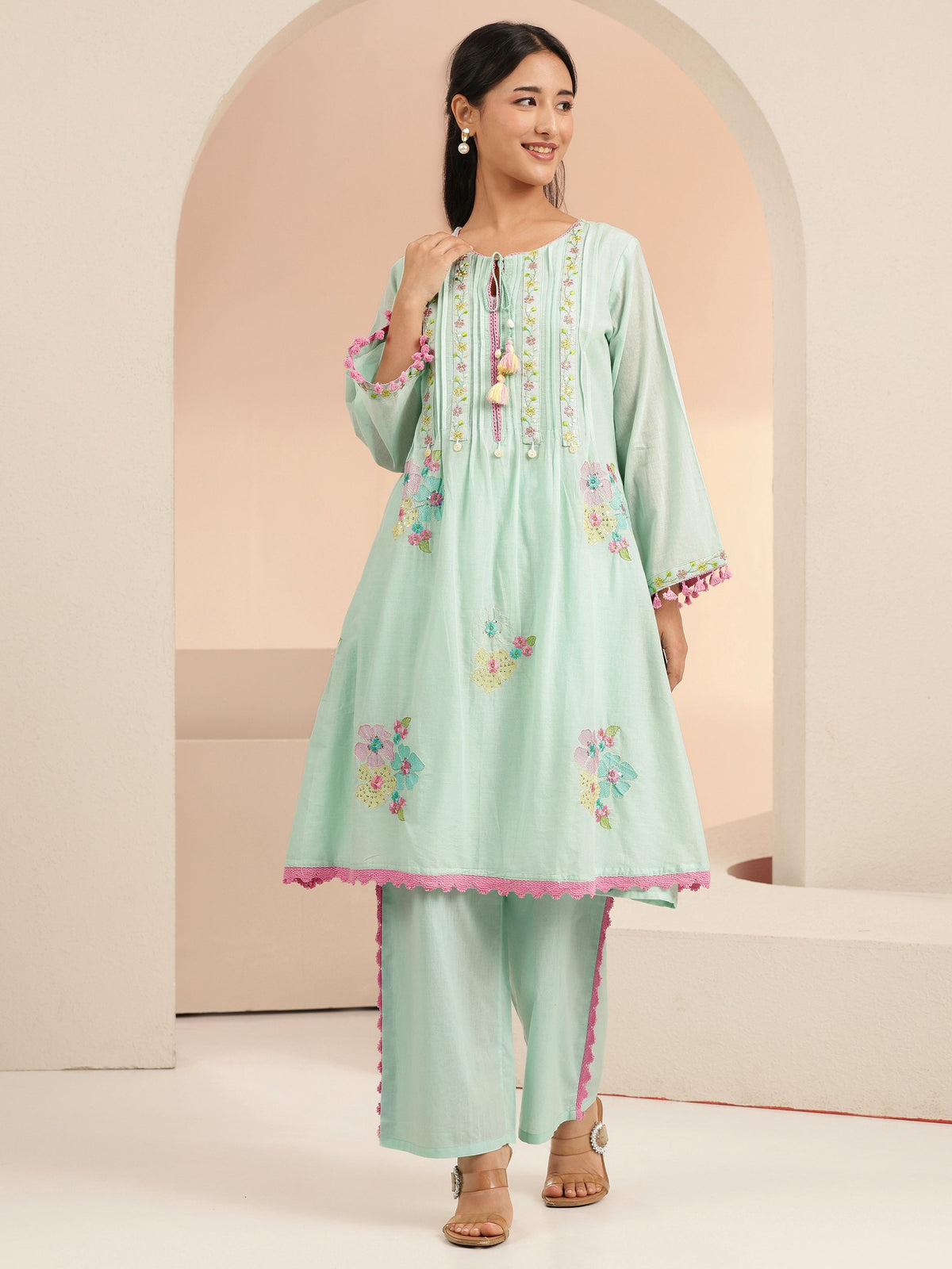 Anouk Ocean Blue Floral Embroidered Cotton A-Line Kurta Set