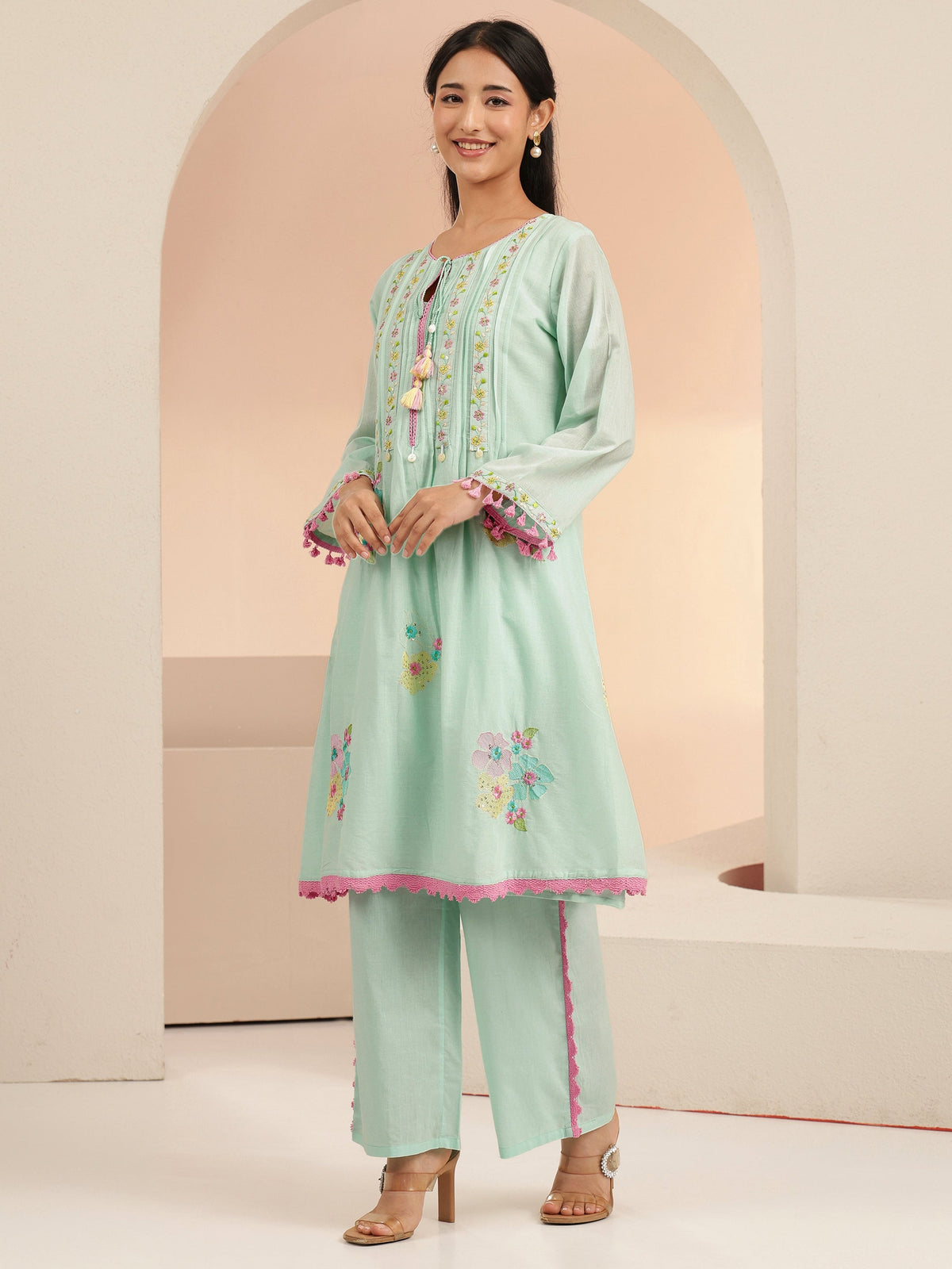 Anouk Ocean Blue Floral Embroidered Cotton A-Line Kurta Set
