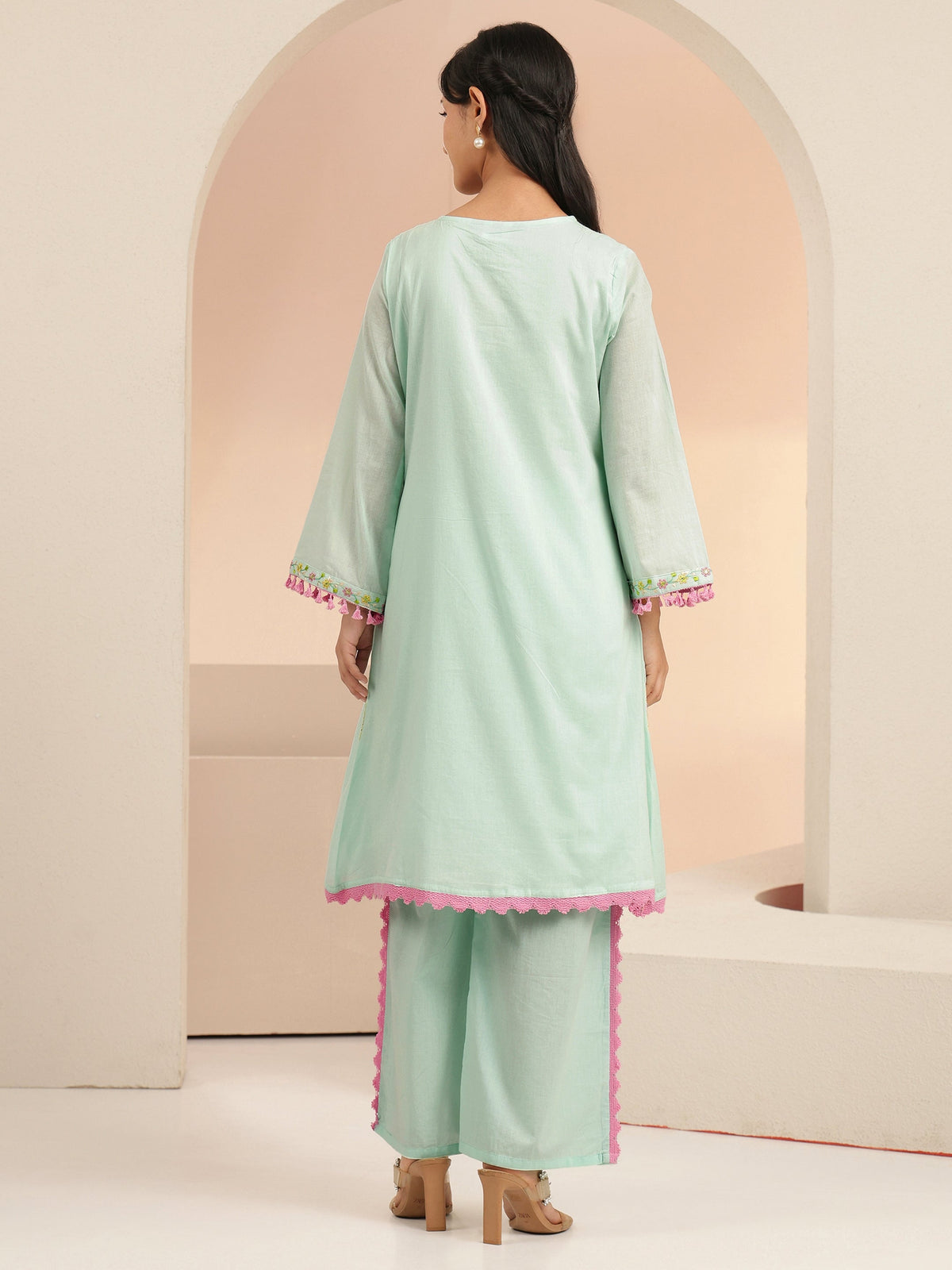 Anouk Ocean Blue Floral Embroidered Cotton A-Line Kurta Set