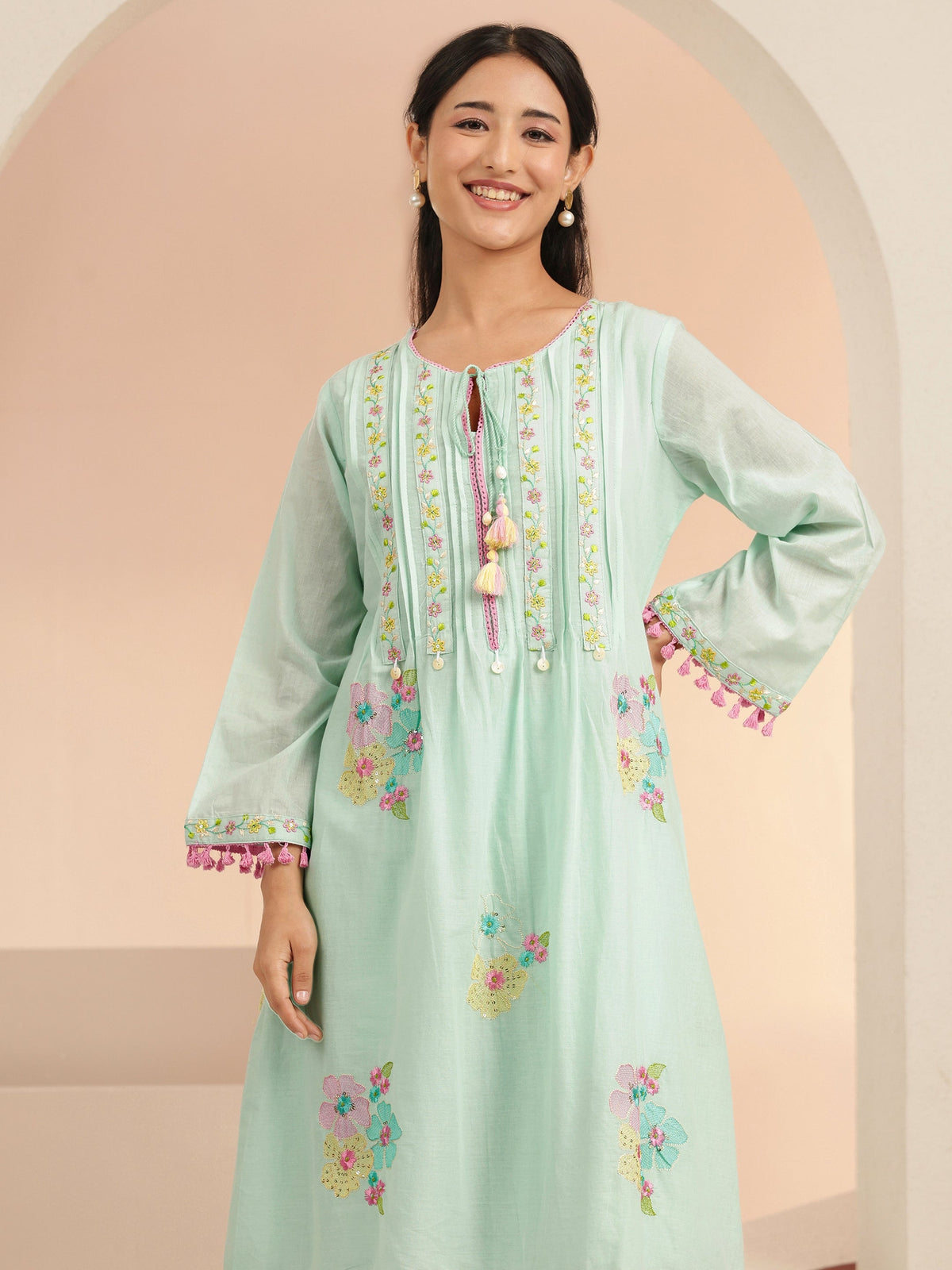 Anouk Ocean Blue Floral Embroidered Cotton A-Line Kurta Set