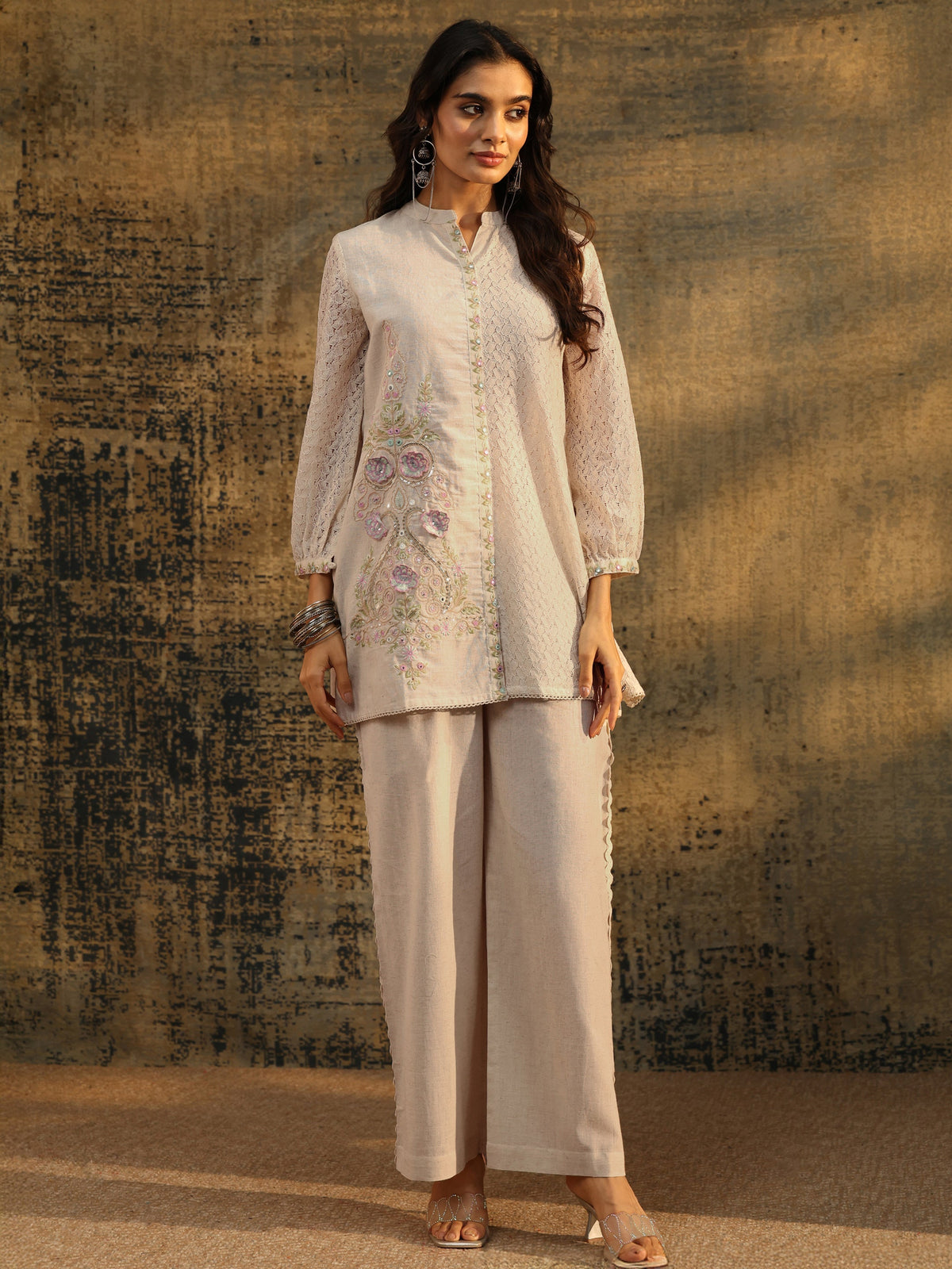 Anouk Off white Floral Embroidered Cotton Straight Kurta Set