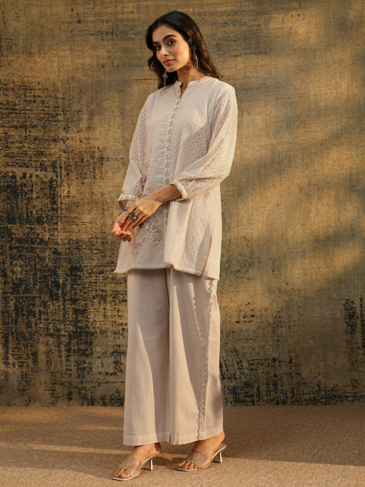 Anouk Off white Floral Embroidered Cotton Straight Kurta Set