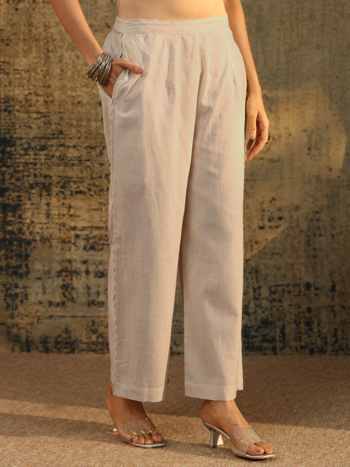 Anouk Off white Floral Embroidered Cotton Straight Kurta Set