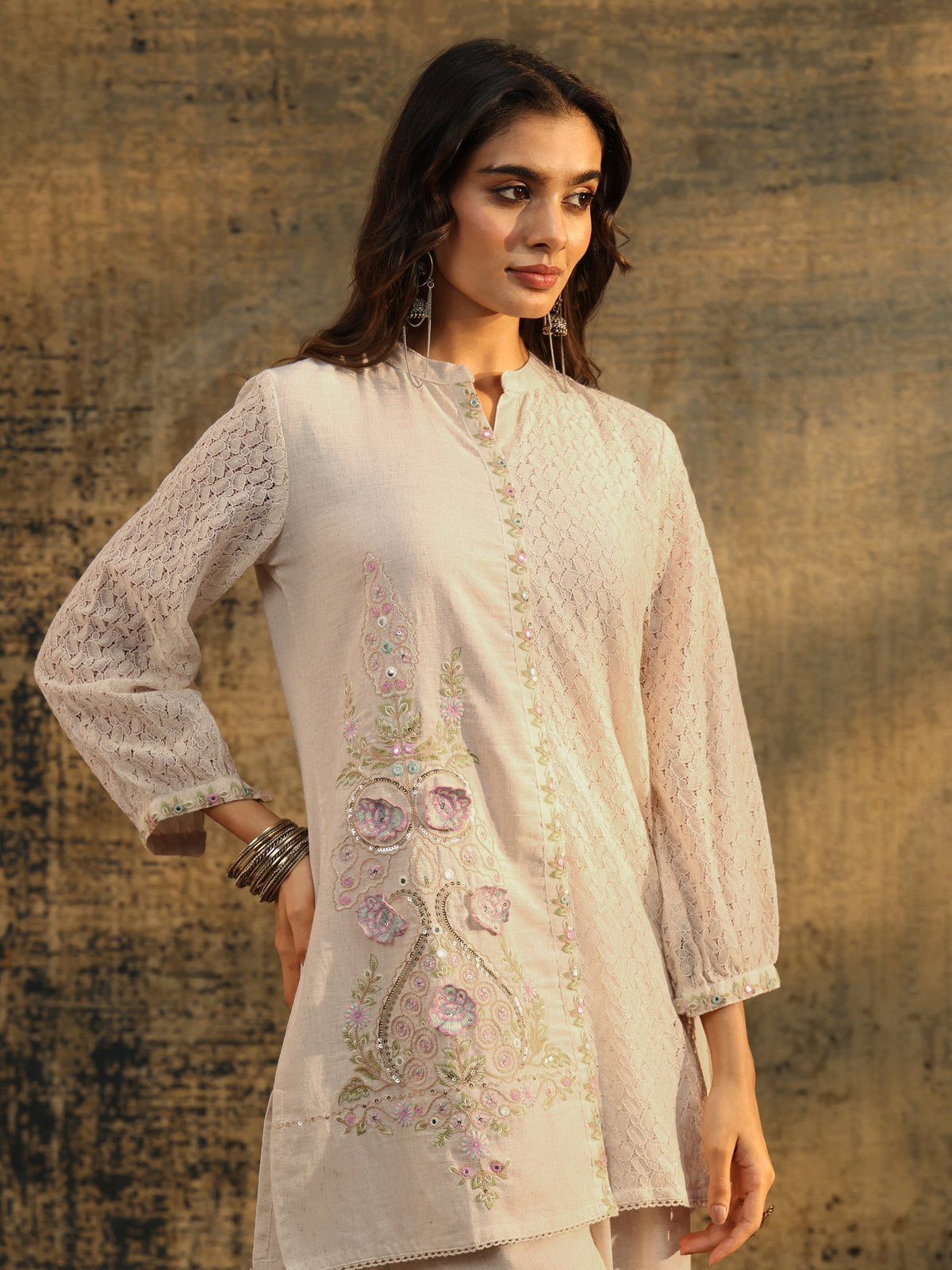 Anouk Off white Floral Embroidered Cotton Straight Kurta Set