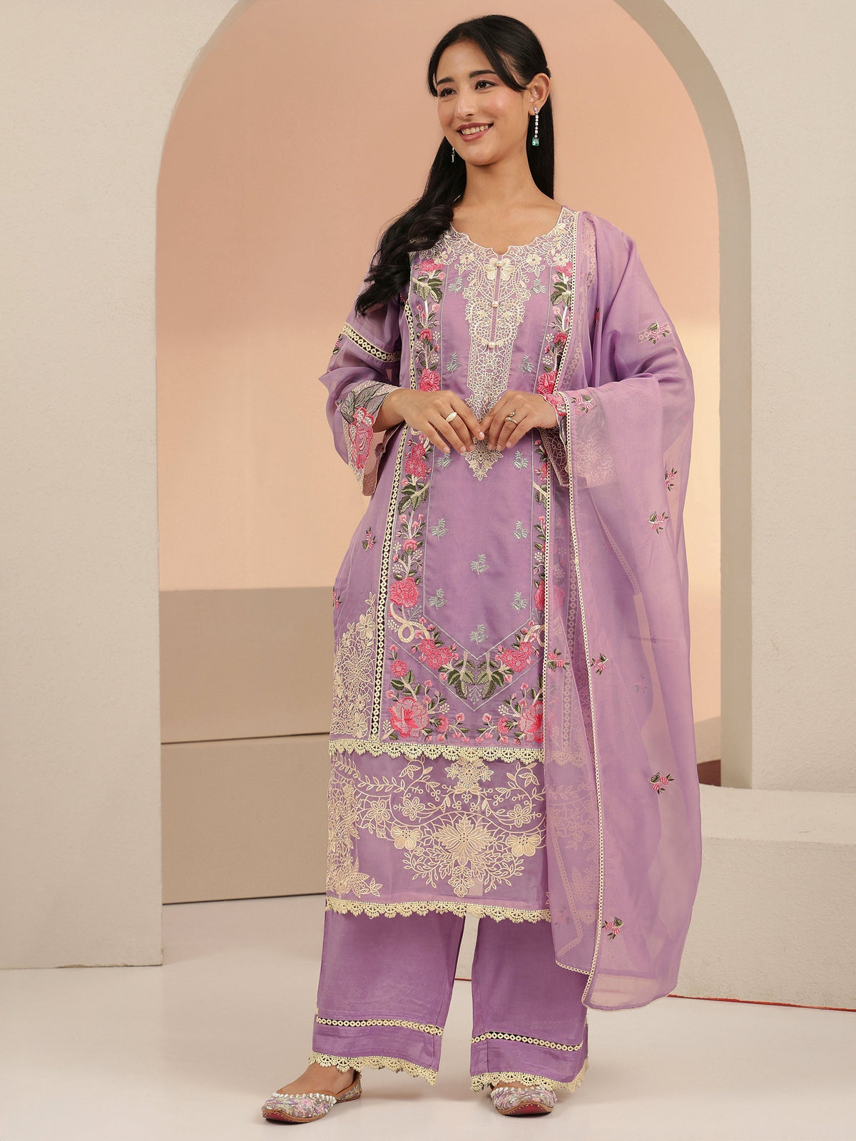 Anouk Lavender Floral Embridered Organza Straight Suit Set