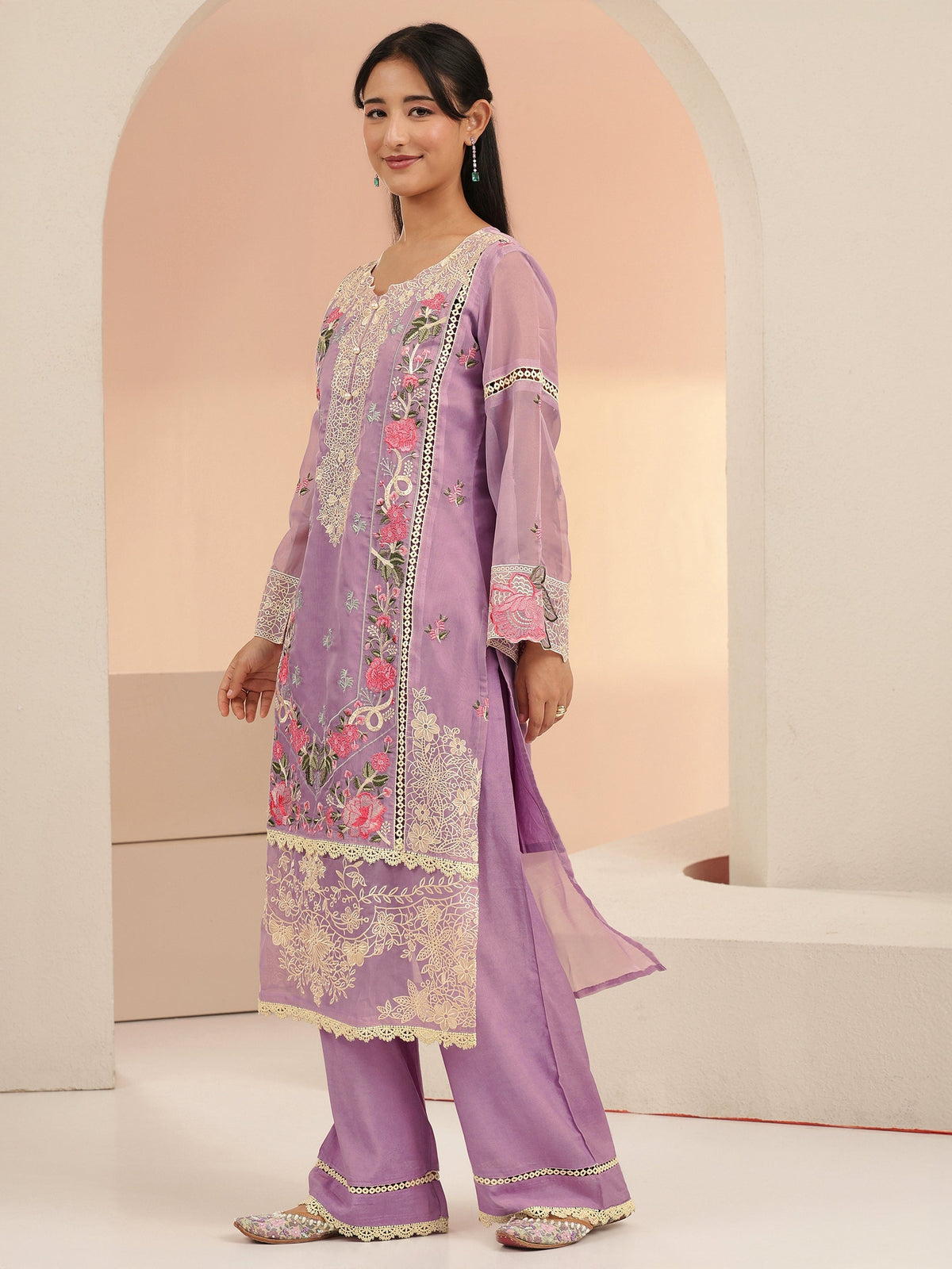 Anouk Lavender Floral Embridered Organza Straight Suit Set