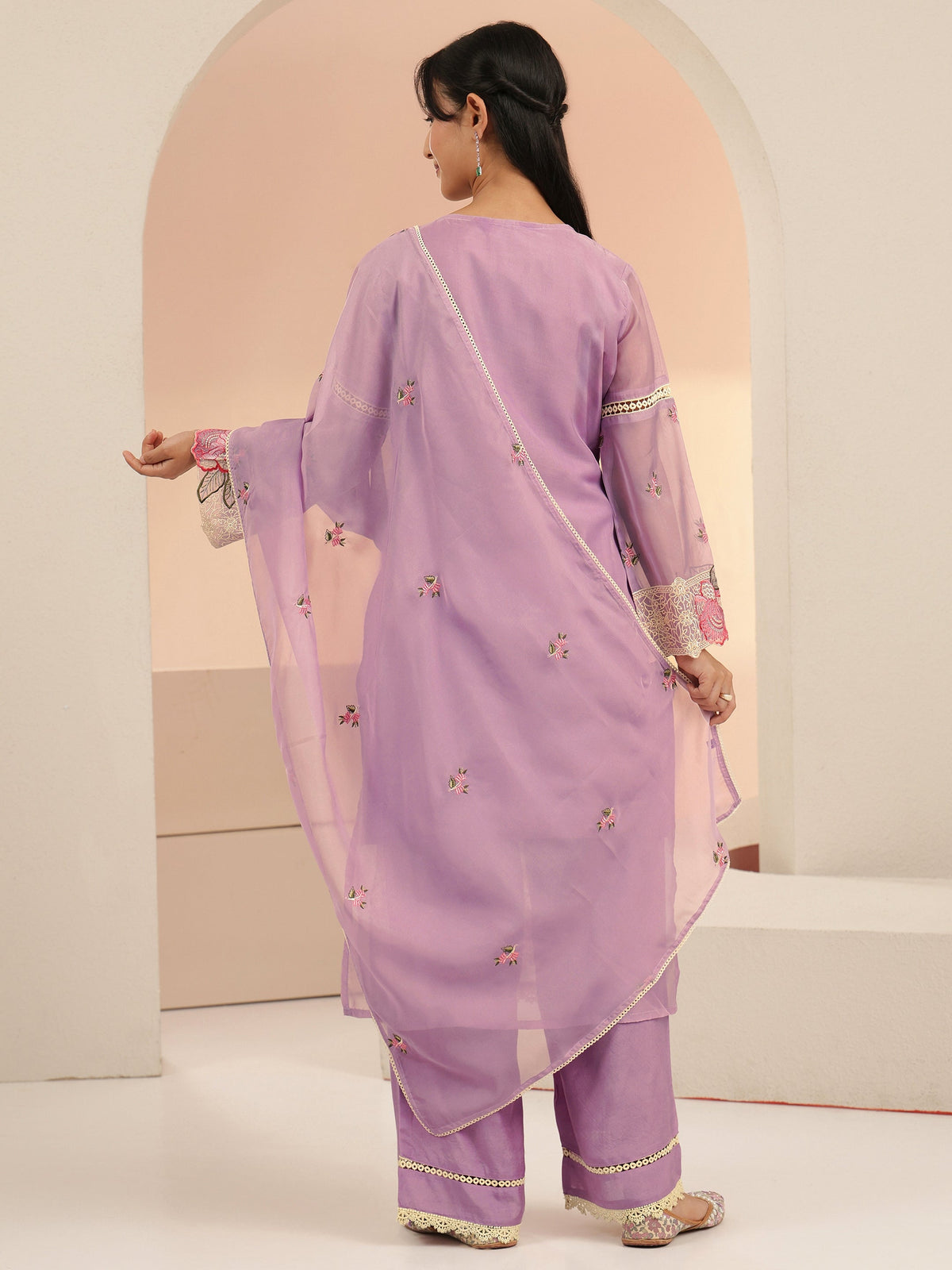 Anouk Lavender Floral Embridered Organza Straight Suit Set