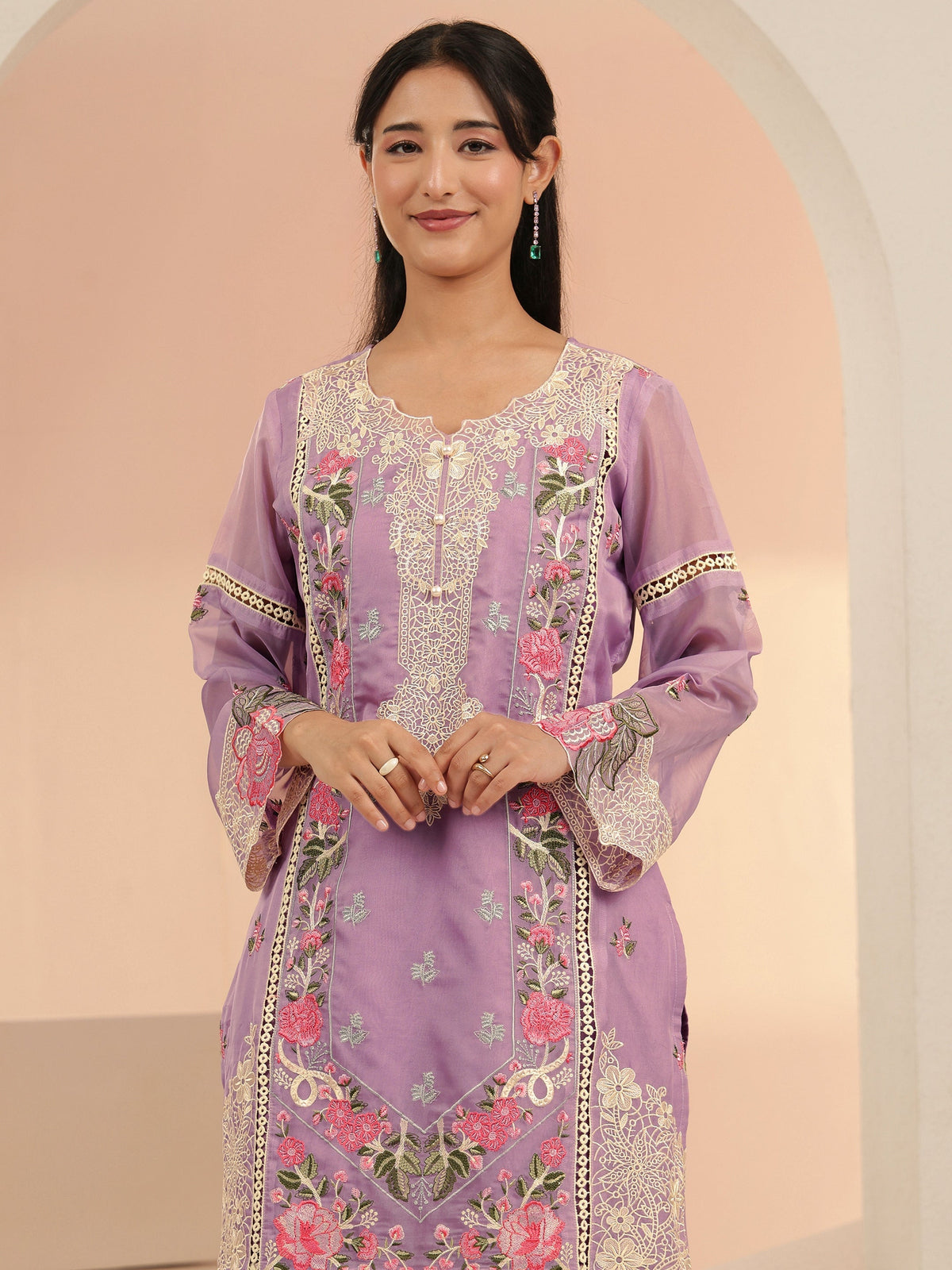 Anouk Lavender Floral Embridered Organza Straight Suit Set