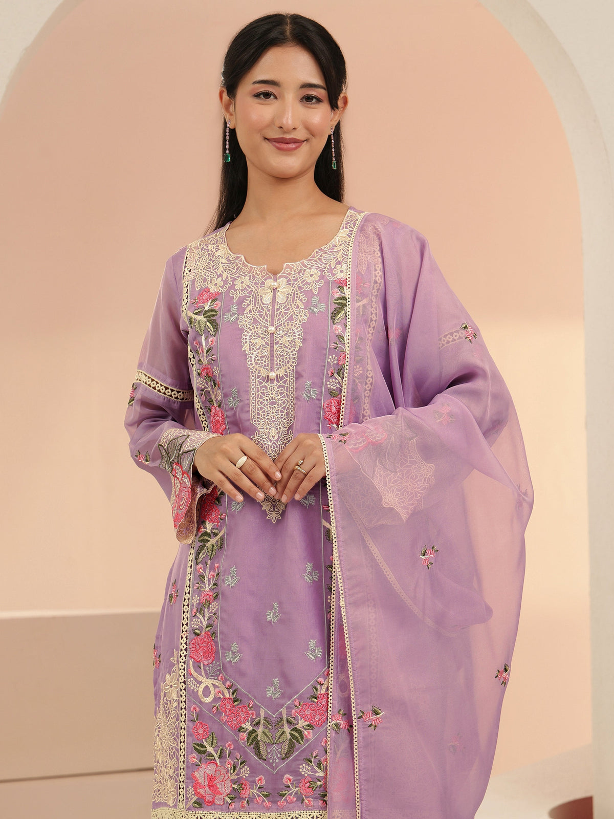 Anouk Lavender Floral Embridered Organza Straight Suit Set