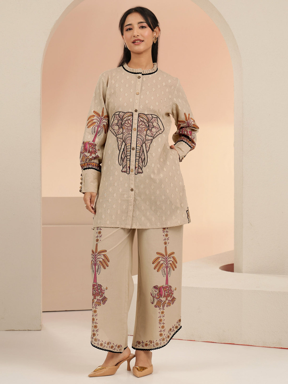 Anouk Beige Tribal Woven Design Cotton Blend A-Line Co-Ord Set