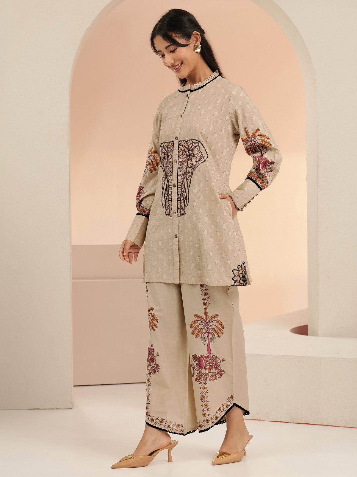 Anouk Beige Tribal Woven Design Cotton Blend A-Line Co-Ord Set