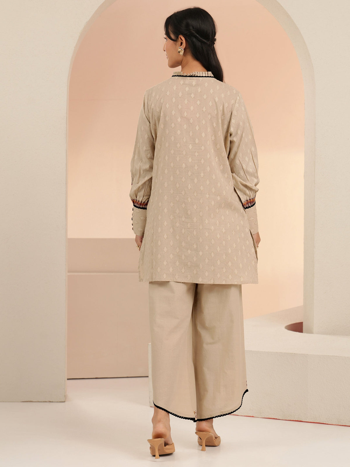 Anouk Beige Tribal Woven Design Cotton Blend A-Line Co-Ord Set