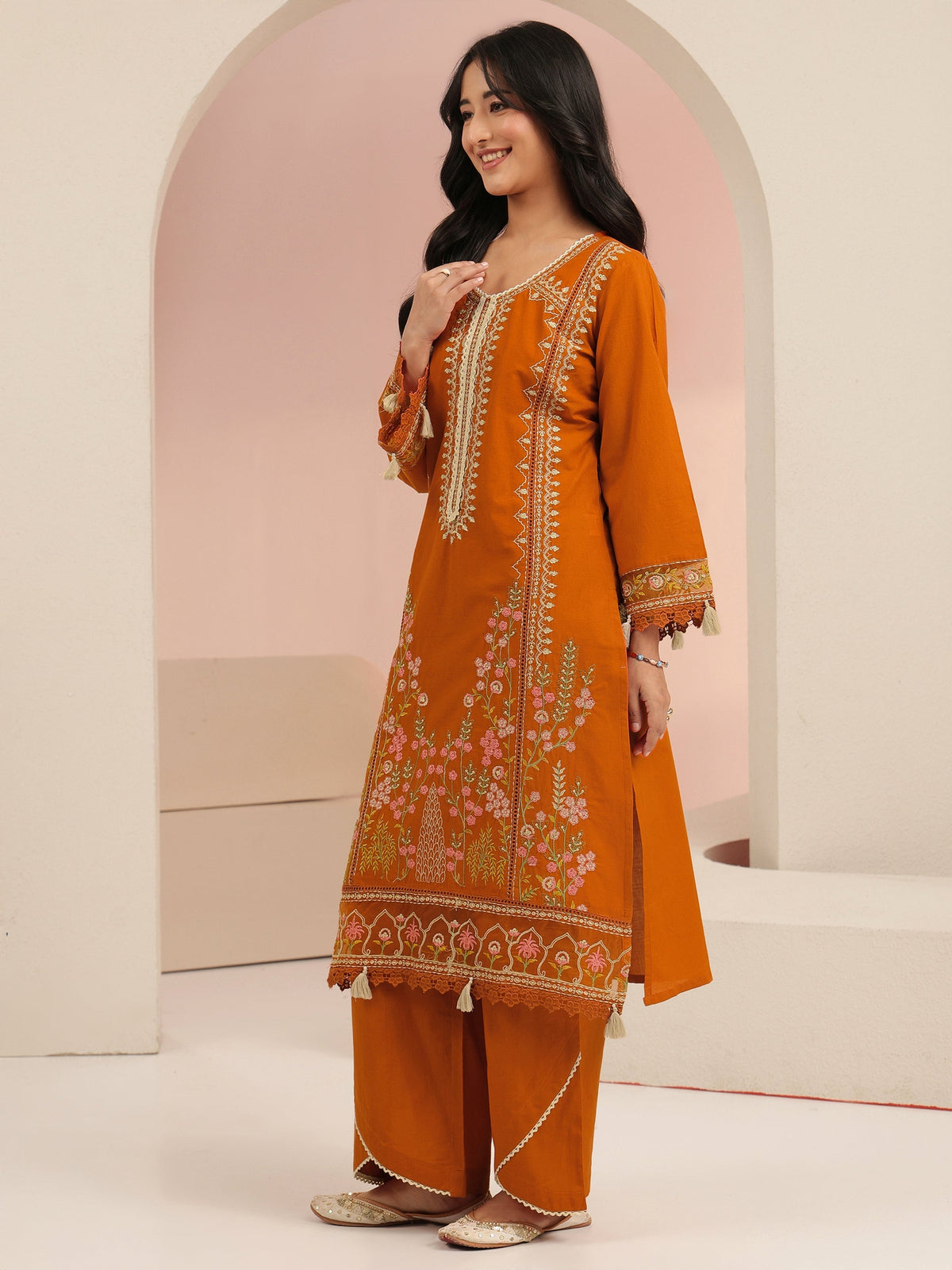 Anouk Rust Orange Floral Embridered Cotton Straight Suit Set