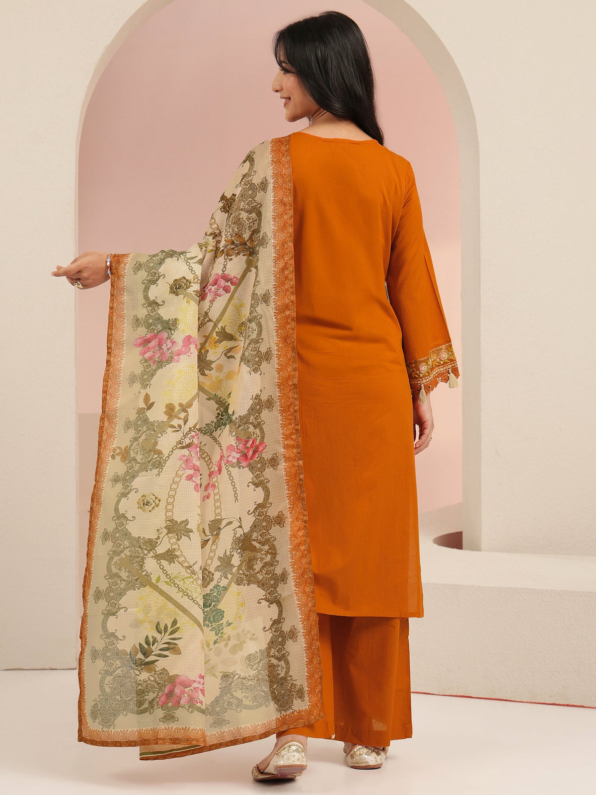 Anouk Rust Orange Floral Embridered Cotton Straight Suit Set