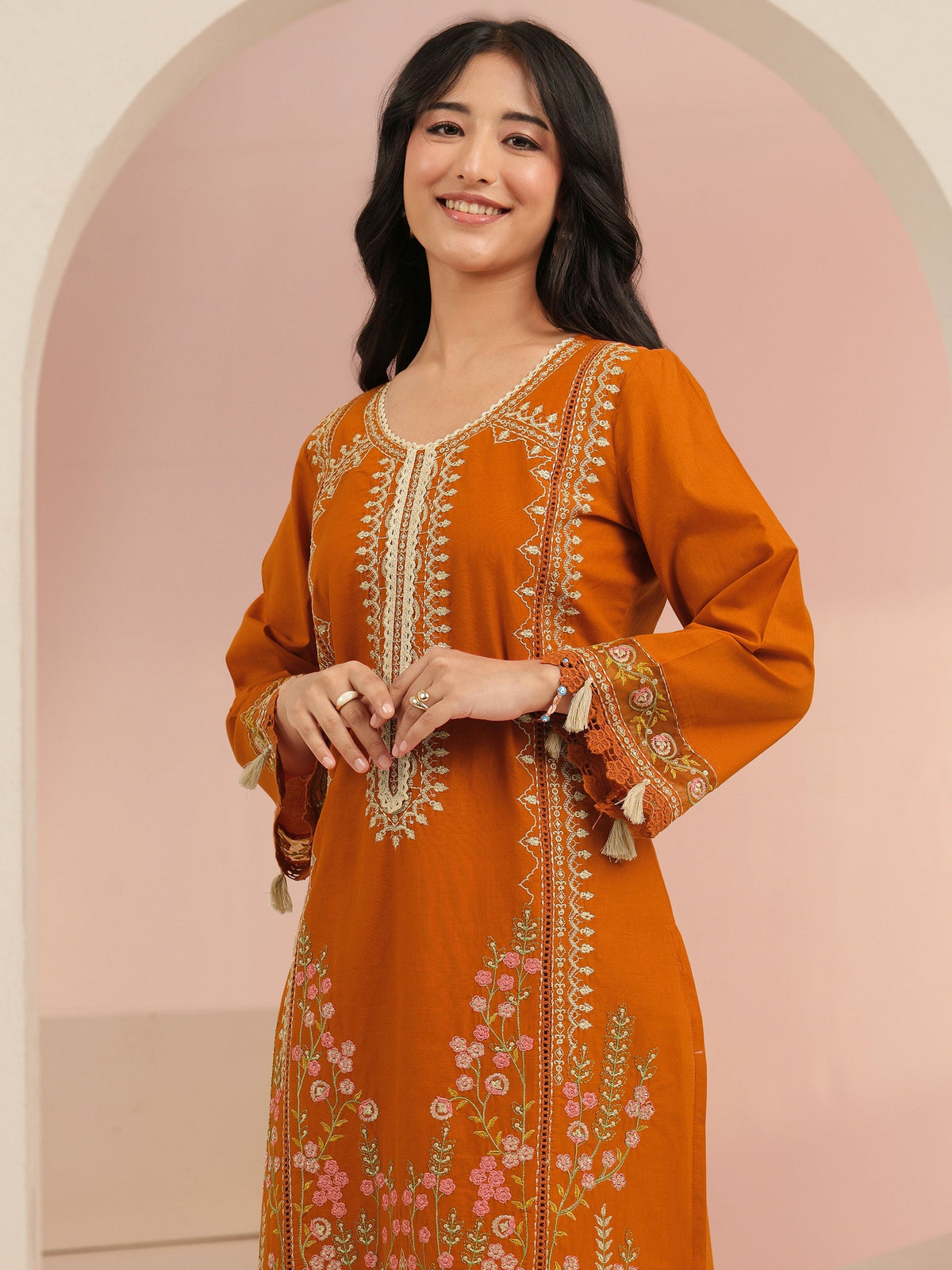 Anouk Rust Orange Floral Embridered Cotton Straight Suit Set