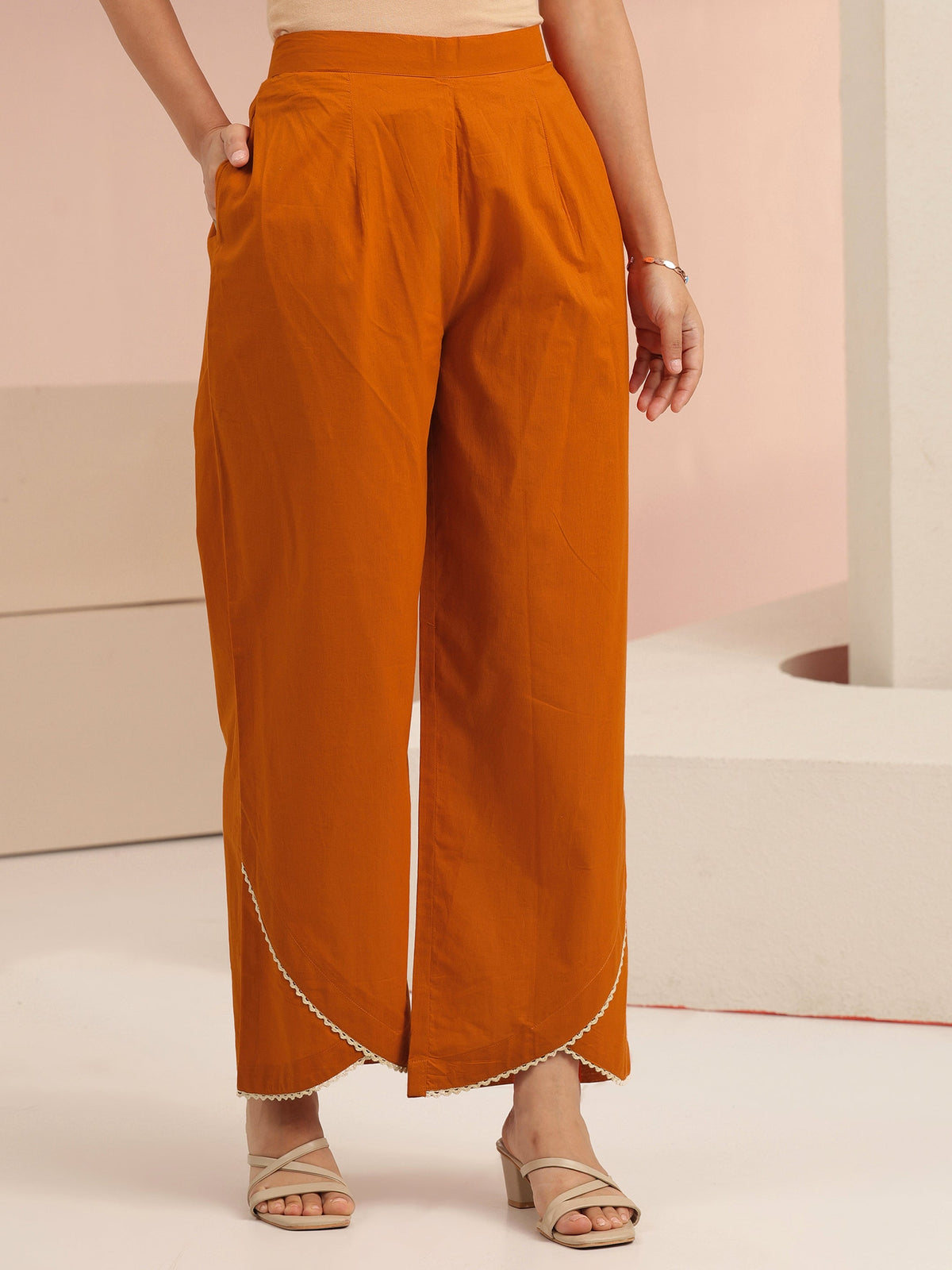 Anouk Rust Orange Floral Embridered Cotton Straight Suit Set