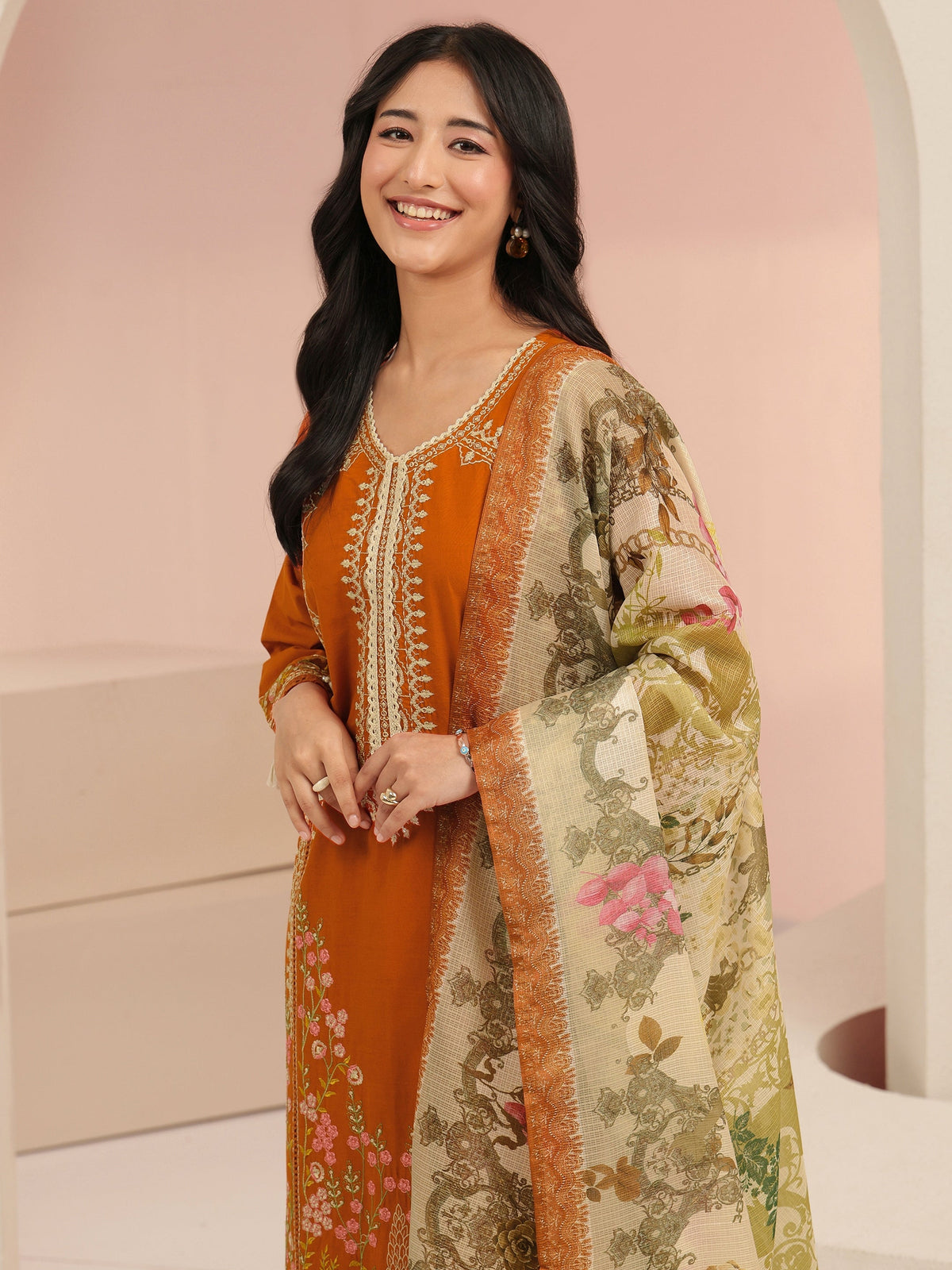 Anouk Rust Orange Floral Embridered Cotton Straight Suit Set