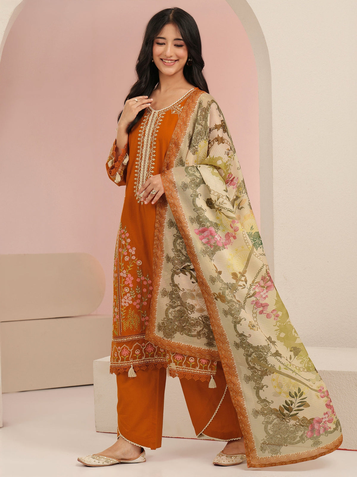 Anouk Rust Orange Floral Embridered Cotton Straight Suit Set