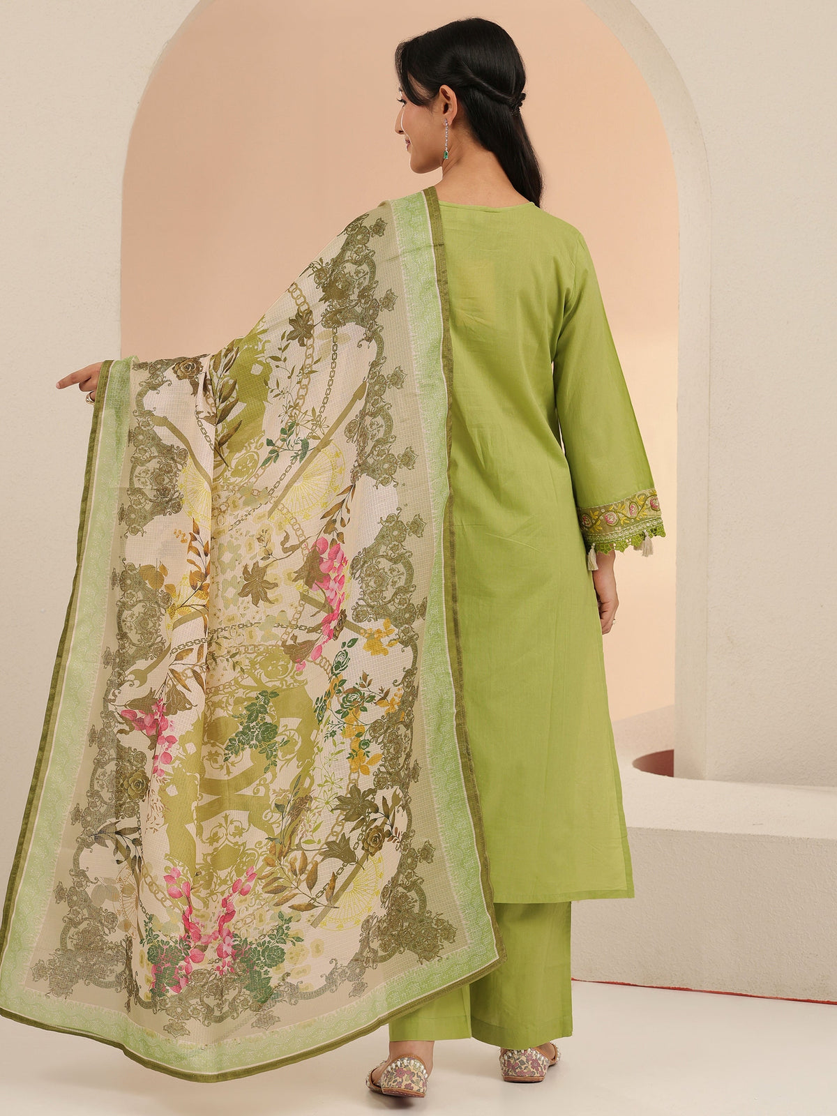 Anouk Fern Green Floral Embridered Cotton Straight Suit Set