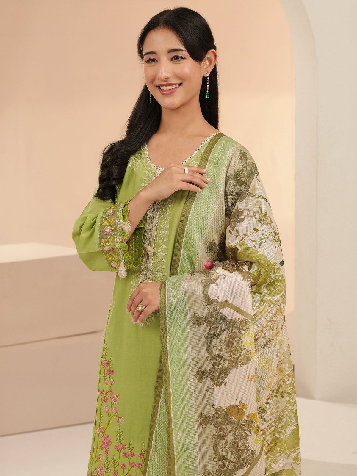 Anouk Fern Green Floral Embridered Cotton Straight Suit Set