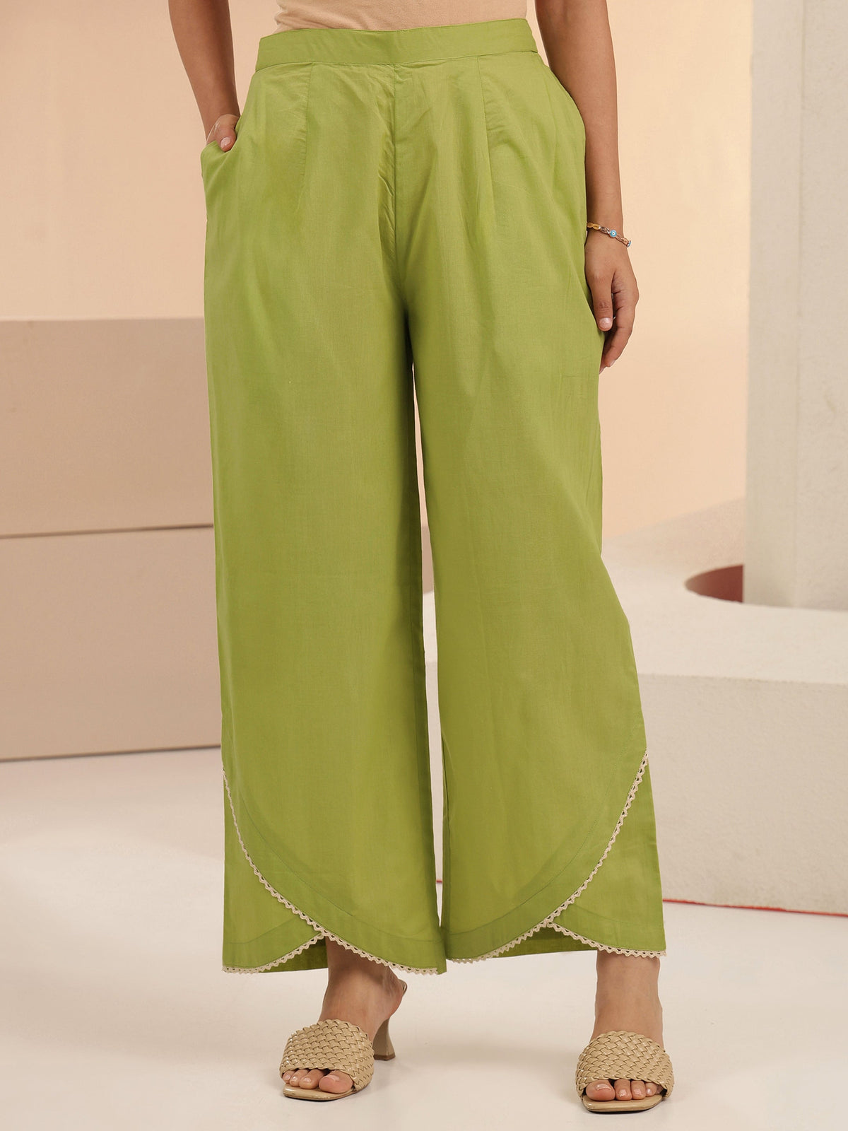 Anouk Fern Green Floral Embridered Cotton Straight Suit Set